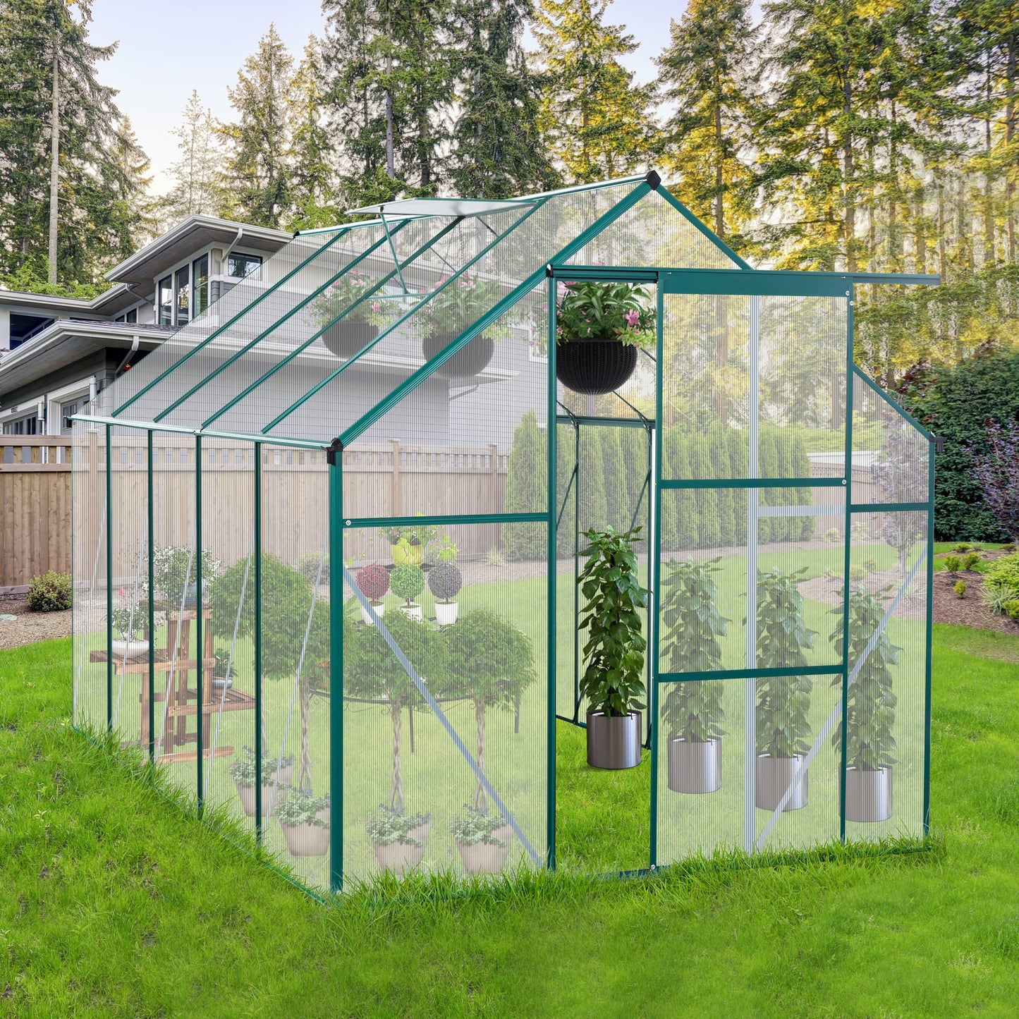 YOPTO 6X10 FT All Season Heavy Duty Walk-in Greenhouses, Outdoor Polycarbonate Plants Green House for Backyard Garden, Sliding Door Raised Base Anchor Aluminum, Green