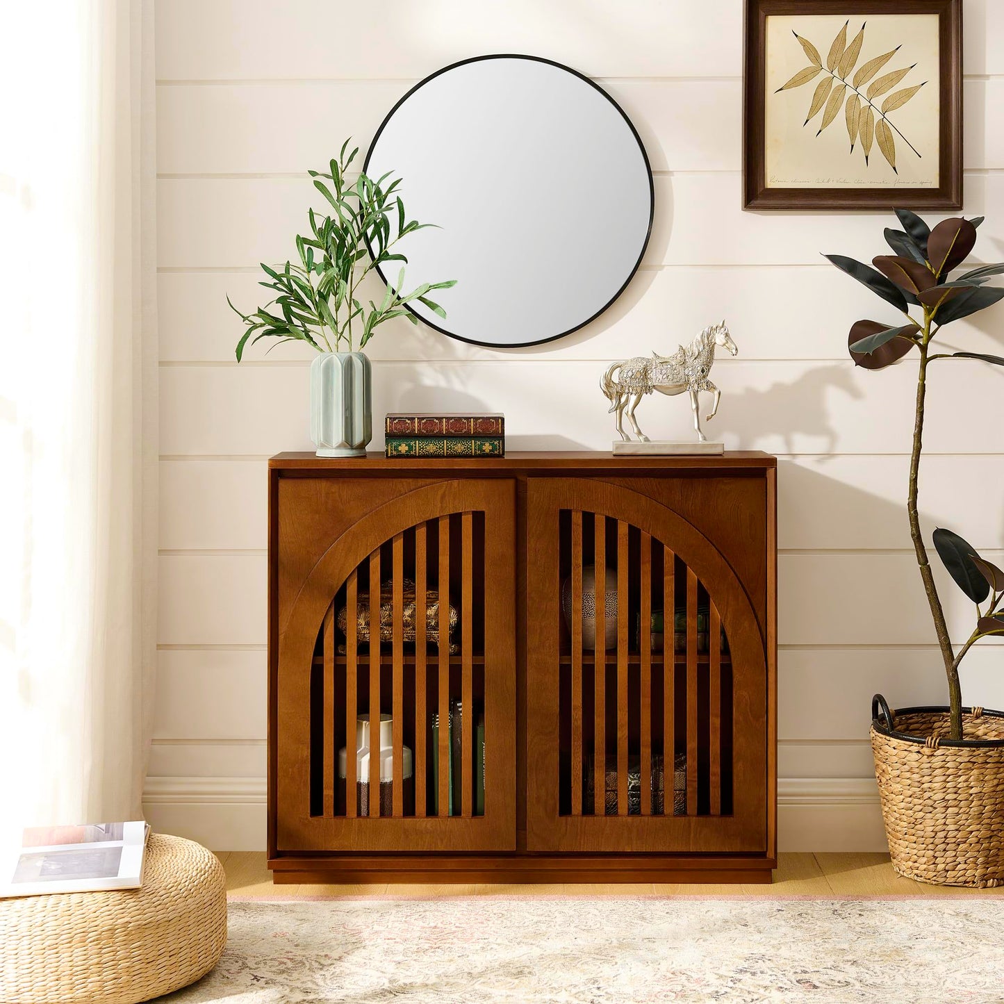 KEIKI 39" Mid Century Modern Fluted Sideboard Cabinet with Storage & Outlet Holes, Narrow Buffet Cabinet, Solid Wood + MDF, for Living Room, Entryway, Hallway, Kitchen, Coffee Bar, Brown