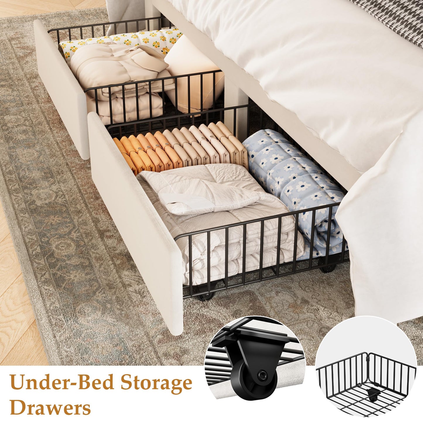 GarveeHome Full Size Bed Frame, Bed Frame Upholstered Platform Bed with Velvet Headboard, Wing Edge Design, 2 Storage Drawers, No Box Spring Needed, Beige