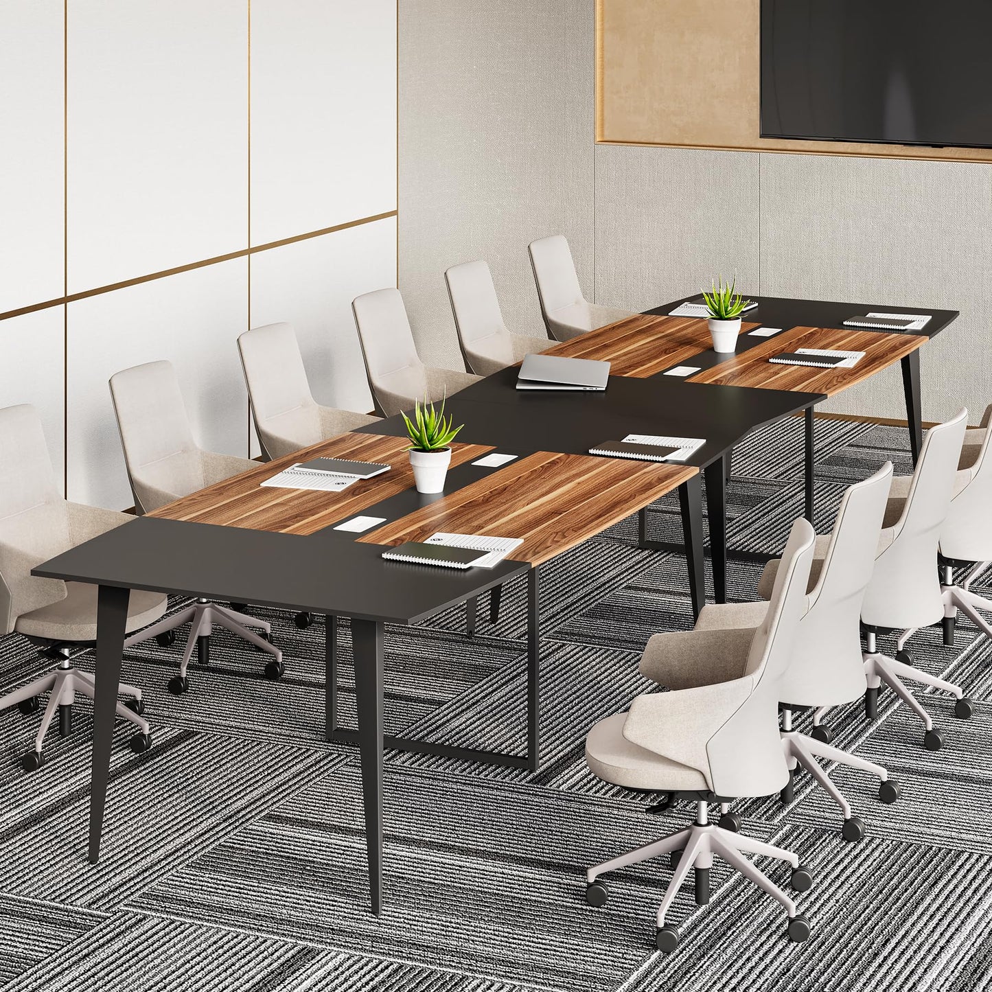 LITTLE TREE 8FT Conference Room Table, 94.48L x 47.21W x 29.52H Boat Shaped Meeting Table, Dark Walnut