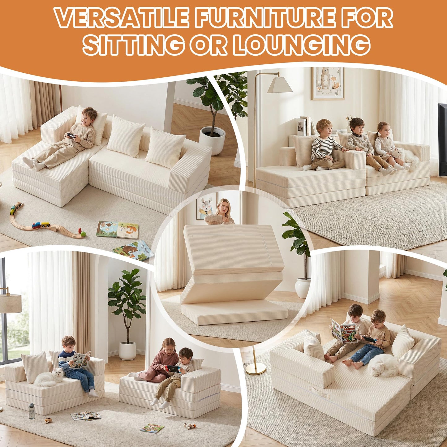 65" Boneless Couch,Convertible Sleeper Sofa Bed, Modular Sectional Sofa, Modern Tri-Folding Cloud Couch with L-Shape Chaise, Corduroy Futon Couches for Living Room Small Spaces Apartment,No Assembly