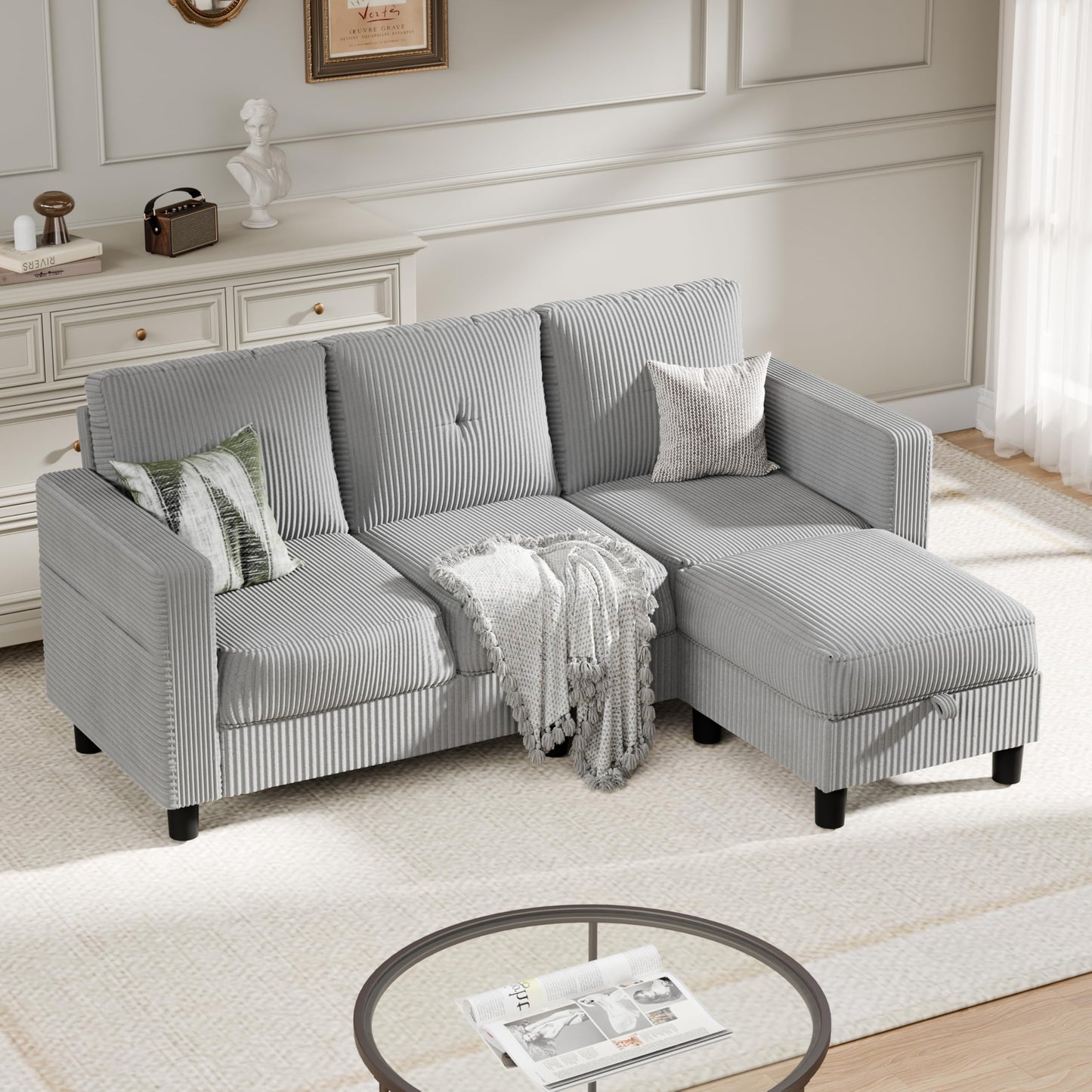 SUNLEI Convertible Sectional Sofa for Small Spaces, L Shaped Modular Sofa with Reversible Chaise & Ottoman Storage, 3 Seat Modern Small Couches for Living Room in Apartment, Linen Fabric, Greige
