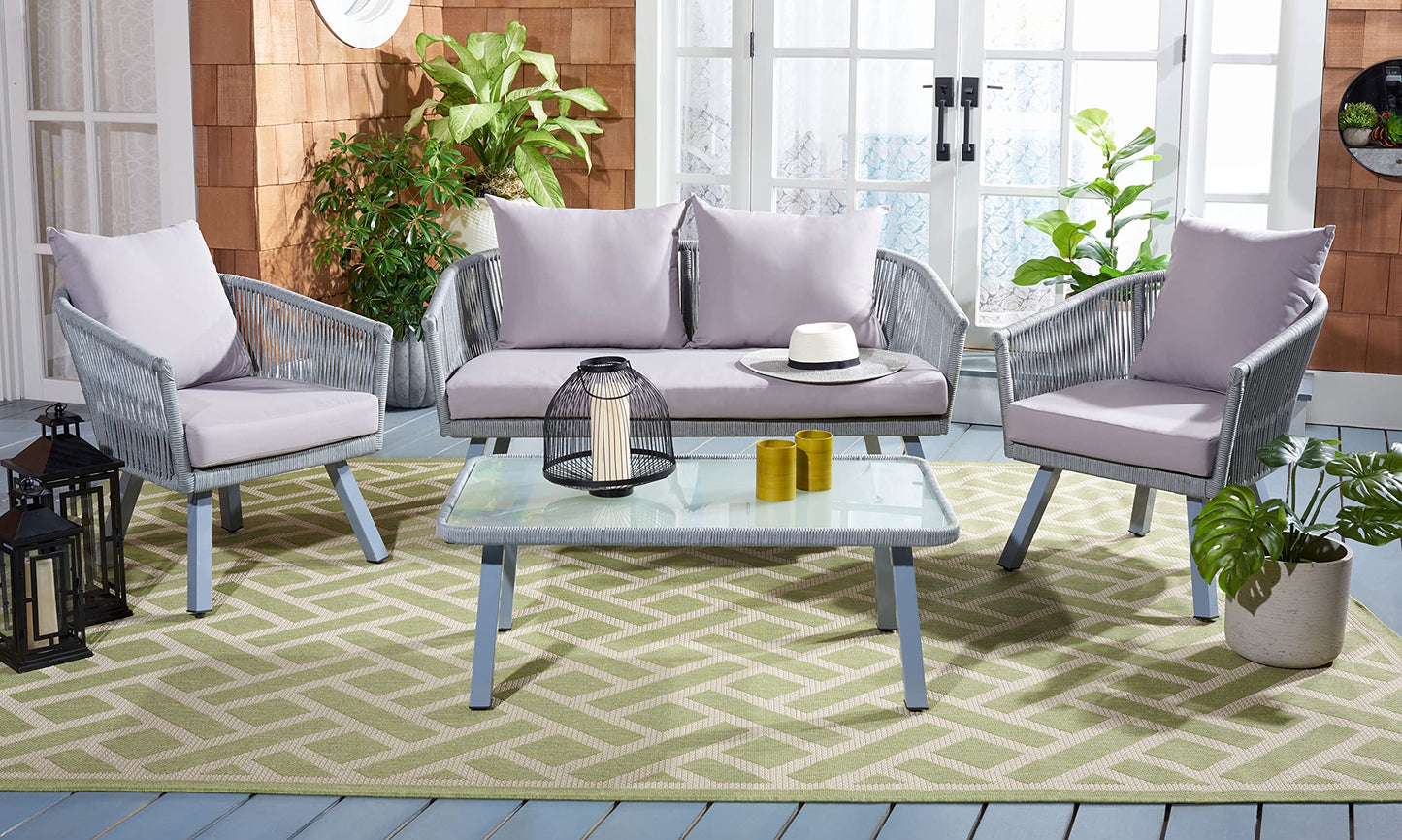 Safavieh Outdoor Collection Belmi Wicker Cushion 4-Piece Rope Patio Backyard Living Set PAT7517C, Grey/Grey