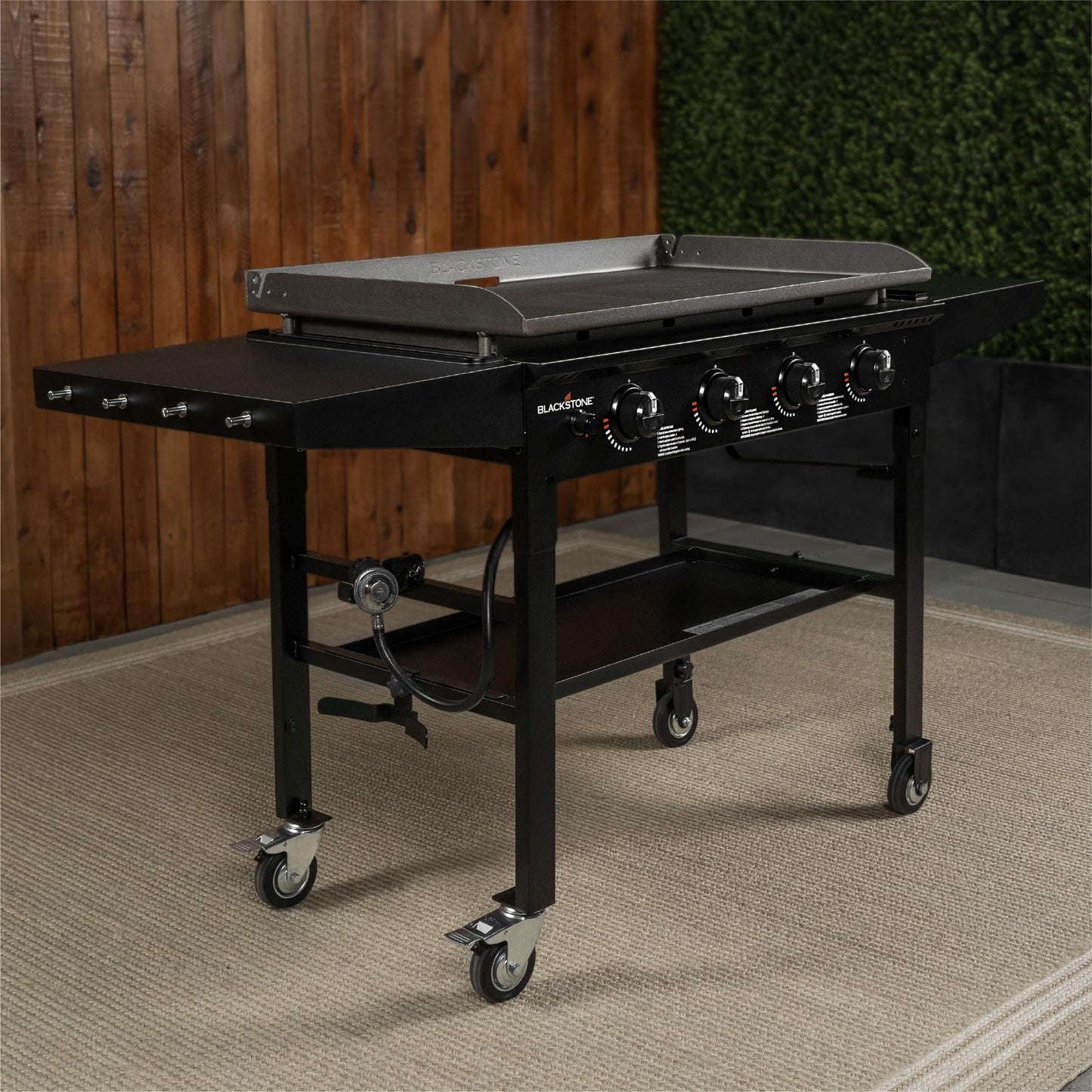 Blackstone 36 Inch 4 Burner 60,000 BTU Portable Steel Griddle Cooking Station with Foldable Legs, Grease Pan, and Storage Rack, Black
