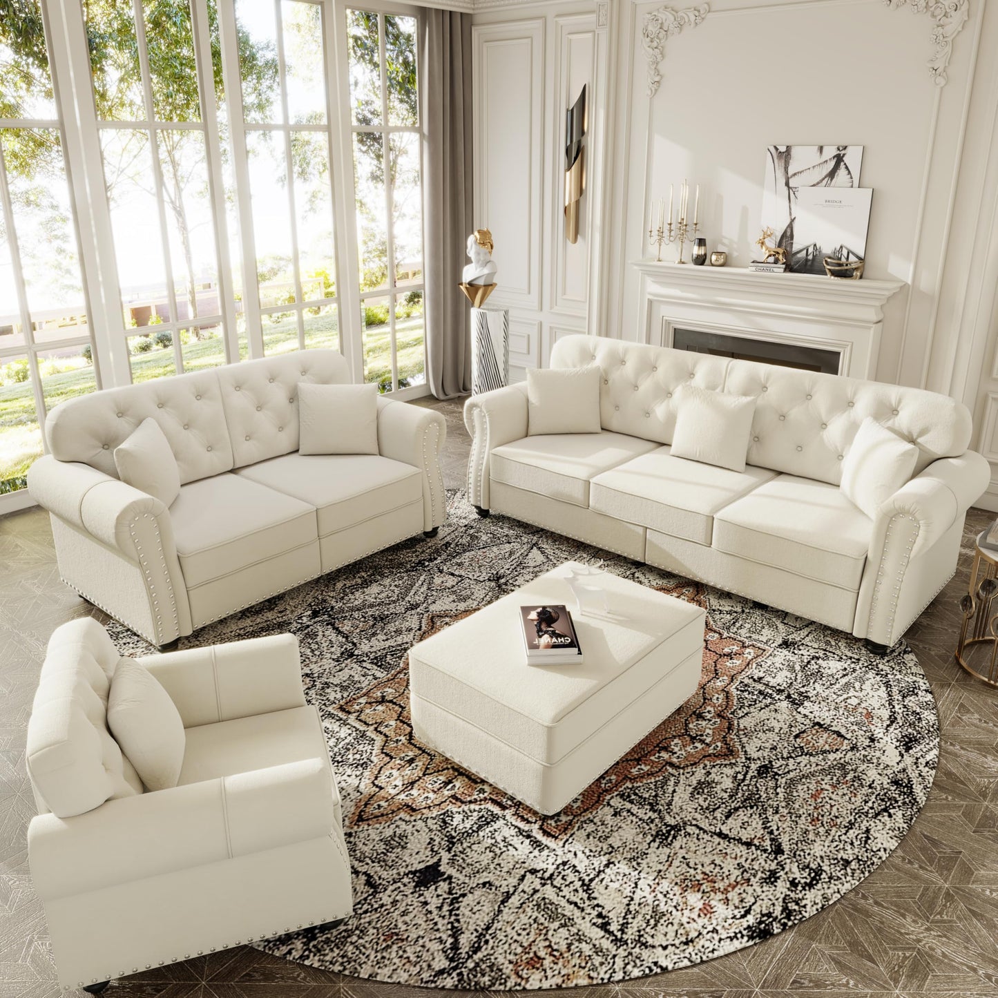 KEIKI 3-Piece Chesterfield Sofa Set with 1 Velvet 3-Seater Sofa & 1 Loveseat & 1 Single Sofa, 6-Seater Couch Set with Nailhead Trim & Rolled Arms & 1 Ottoman & 6 Pillow, for Living Room, White