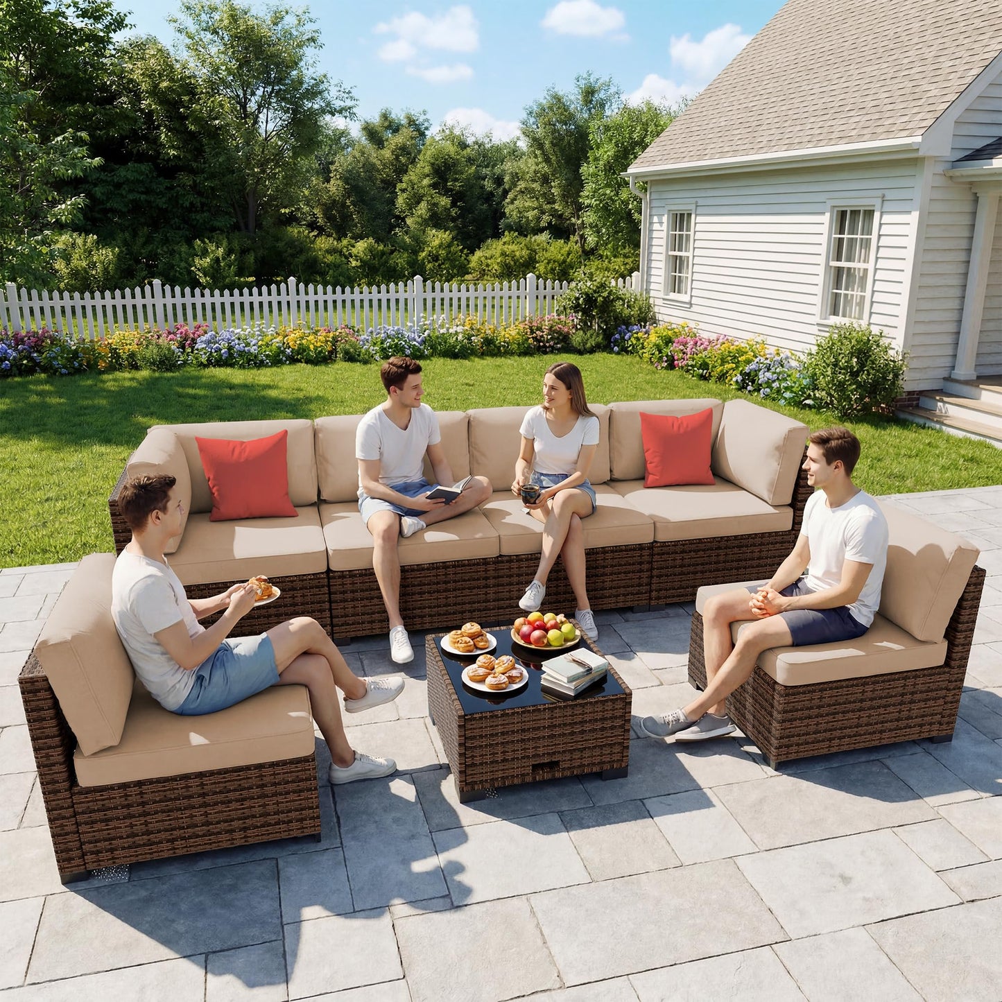 LHBcraft 7 Pieces Outdoor Furniture Set, Wicker Furniture Patio Conversation Sets with Tea Table and Thickened Beige Cushions, Outdoor Patio Sectional Sofa for Garden, Poolside, Backyard