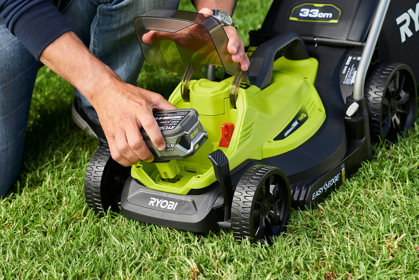 RYOBI 18V ONE+ OLM1833B Cordless Lawnmower - 33cm Cutting Width, Without Battery & Charger, Compact for Small Lawns
