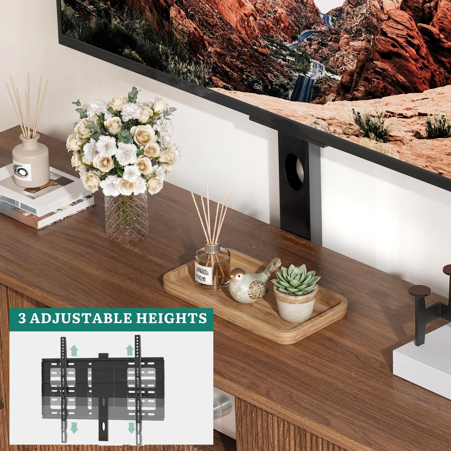YITAHOME 60 Inch Fluted TV Stand with Adjustable TV Mount for 32-70 Inch TVs, Modern Curved Entertainment Center with Fluted Sliding Doors & Drawer, Media Console for Living Room, Walnut