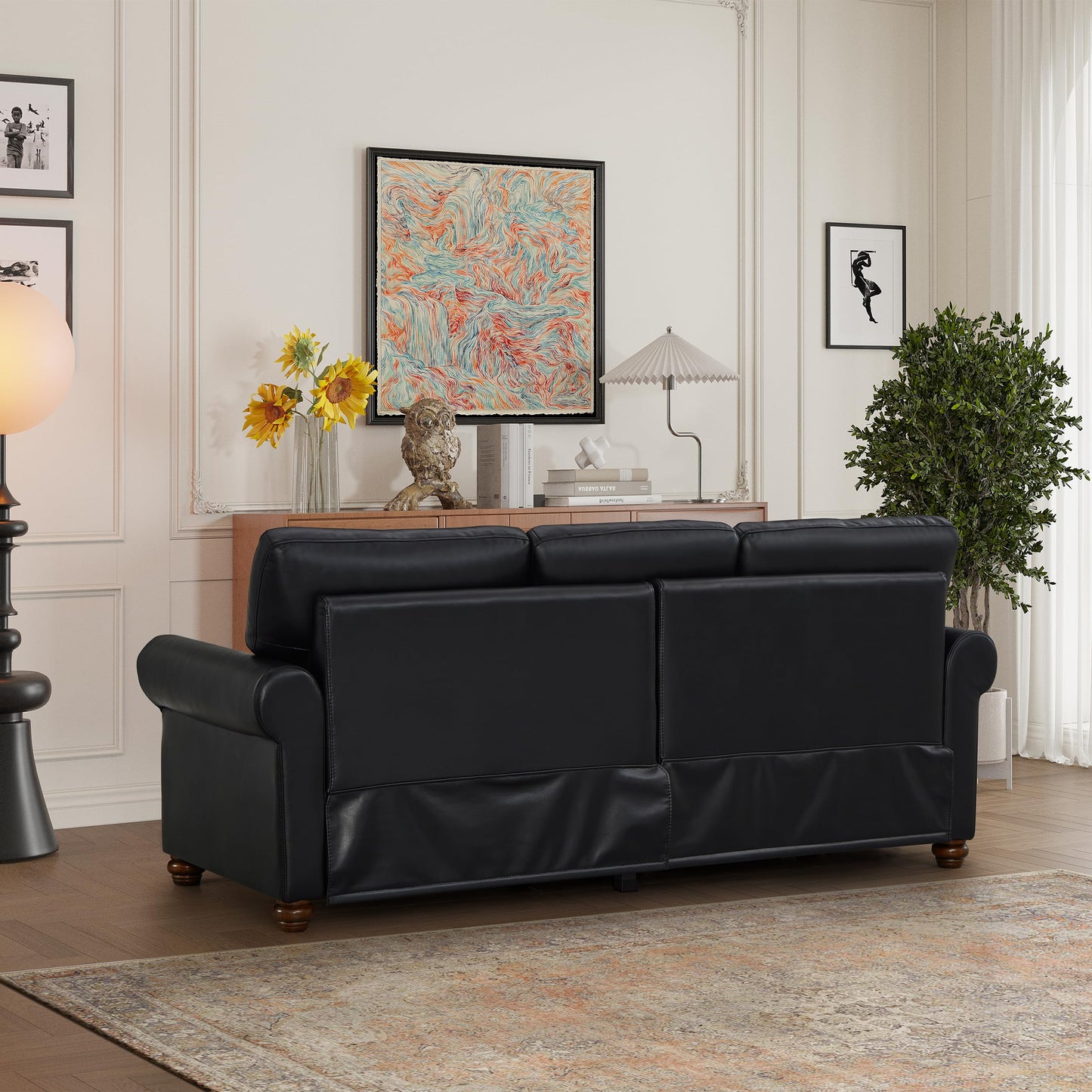 GDFStudio 83" Mid-Century Modern Sofa Couch with Storage, 3 Seater Deep Seat Upholstered Faux Leather Sofa with Nailhead Trim, Rolled Arms & Solid Legs, Comfy Accent Sofa for Living Room, Black