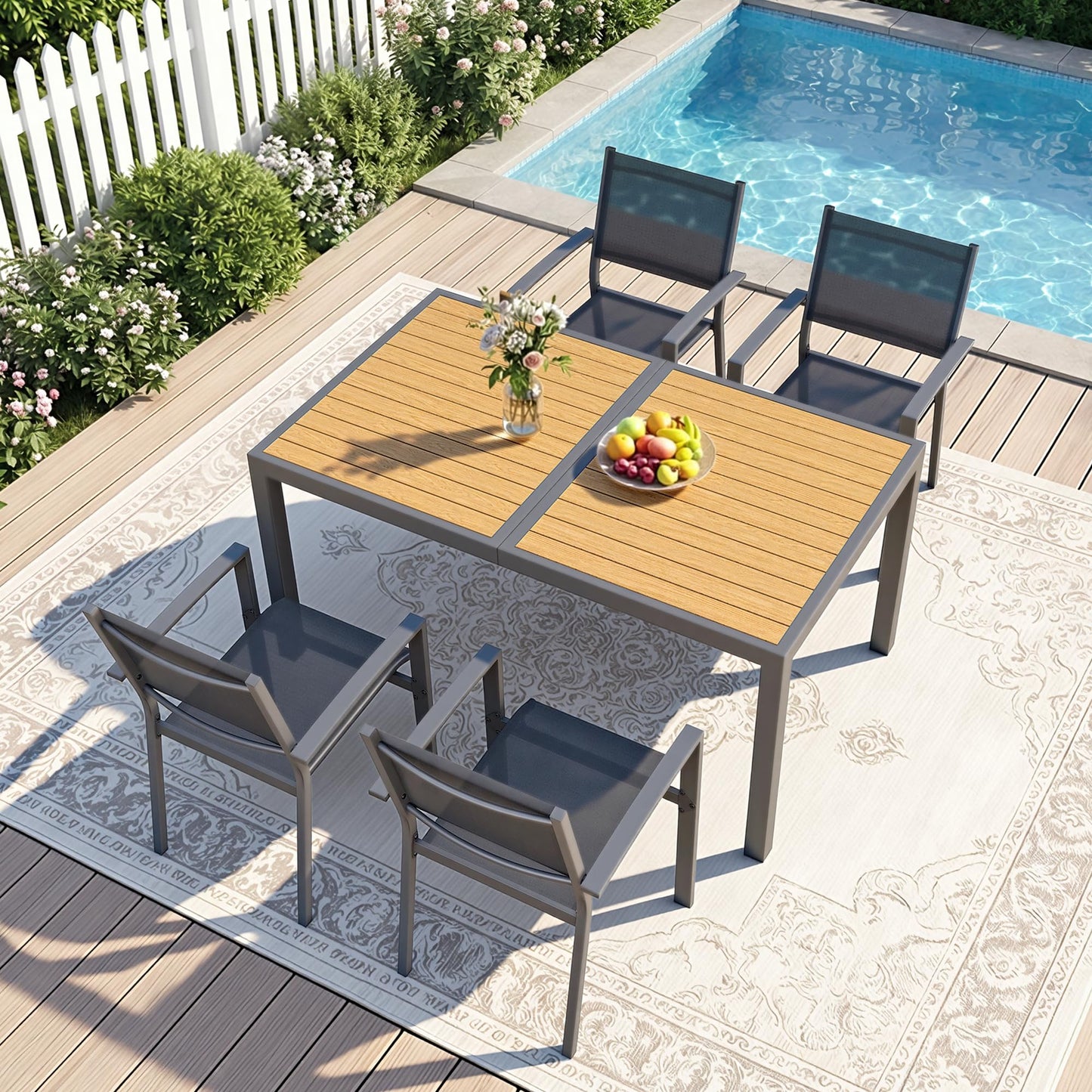 Patio Table and Chairs for 4, Outdoor Patio Dining Furniture Set with Aluminum Table and Metal Textilene Chairs, All-Weather Patio Table Set with HDPS Rectangular Tabletop for Garden Porch