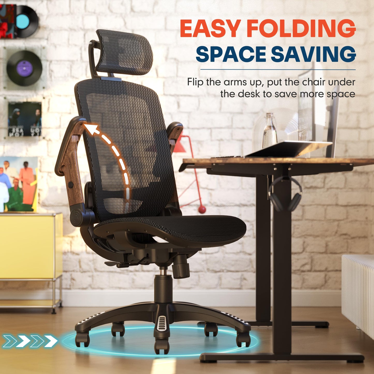 GABRYLLY Ergonomic Office Chair, High Back Home Desk Chair with Headrest, Flip-Up Arms, 90-120° Tilt Lock and Wide Cushion, Big and Tall Mesh Chairs for Man Woman, Black Task Chair(Dark Woodgrain)