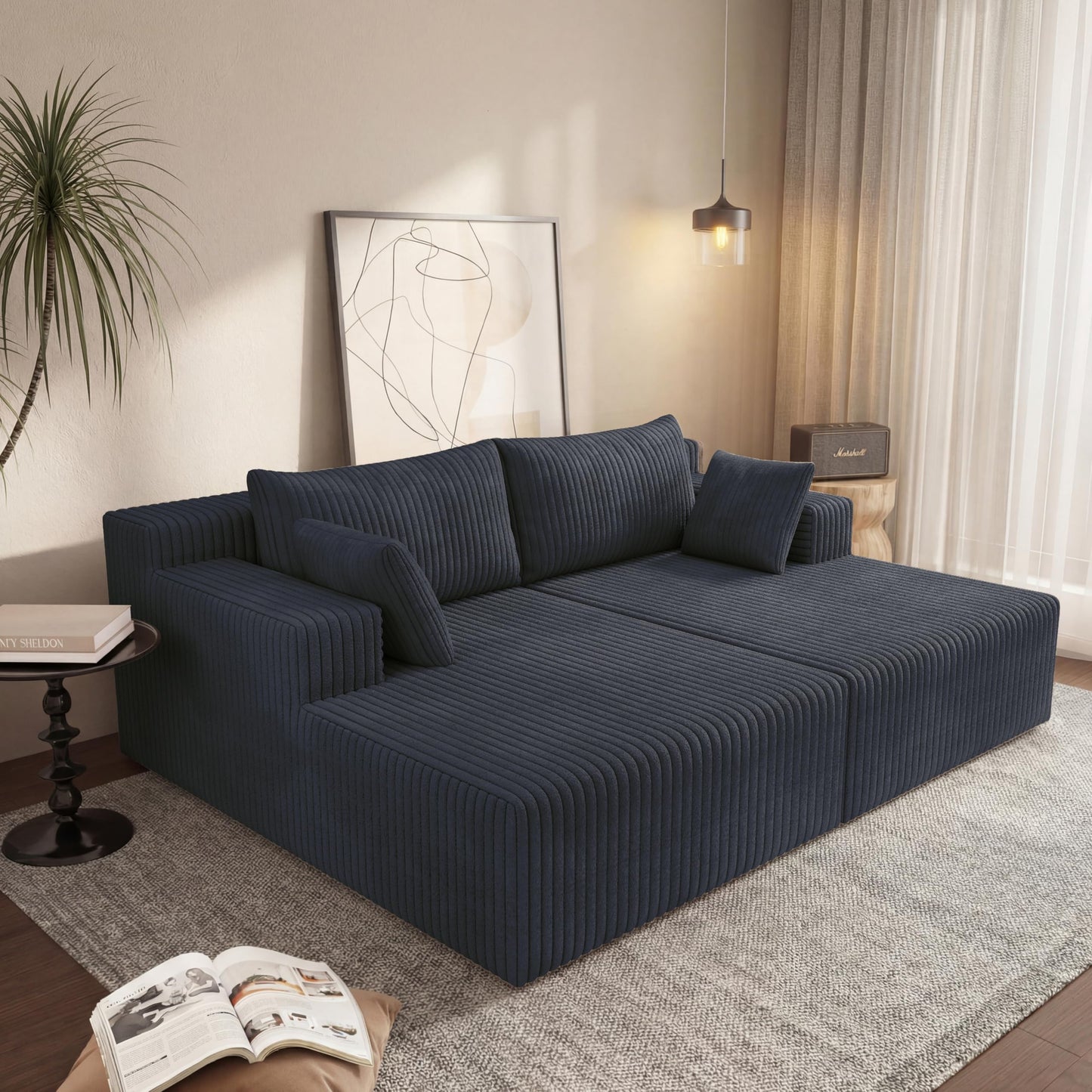 71-Inch Fluffy Corduroy Boneless Sleeper Daybed Loveseat Double Recliner Chaise Lounge Sofa Couches, Floor Cloud Sofa Chaise W/4 Pillows for Home Apartment Living Room
