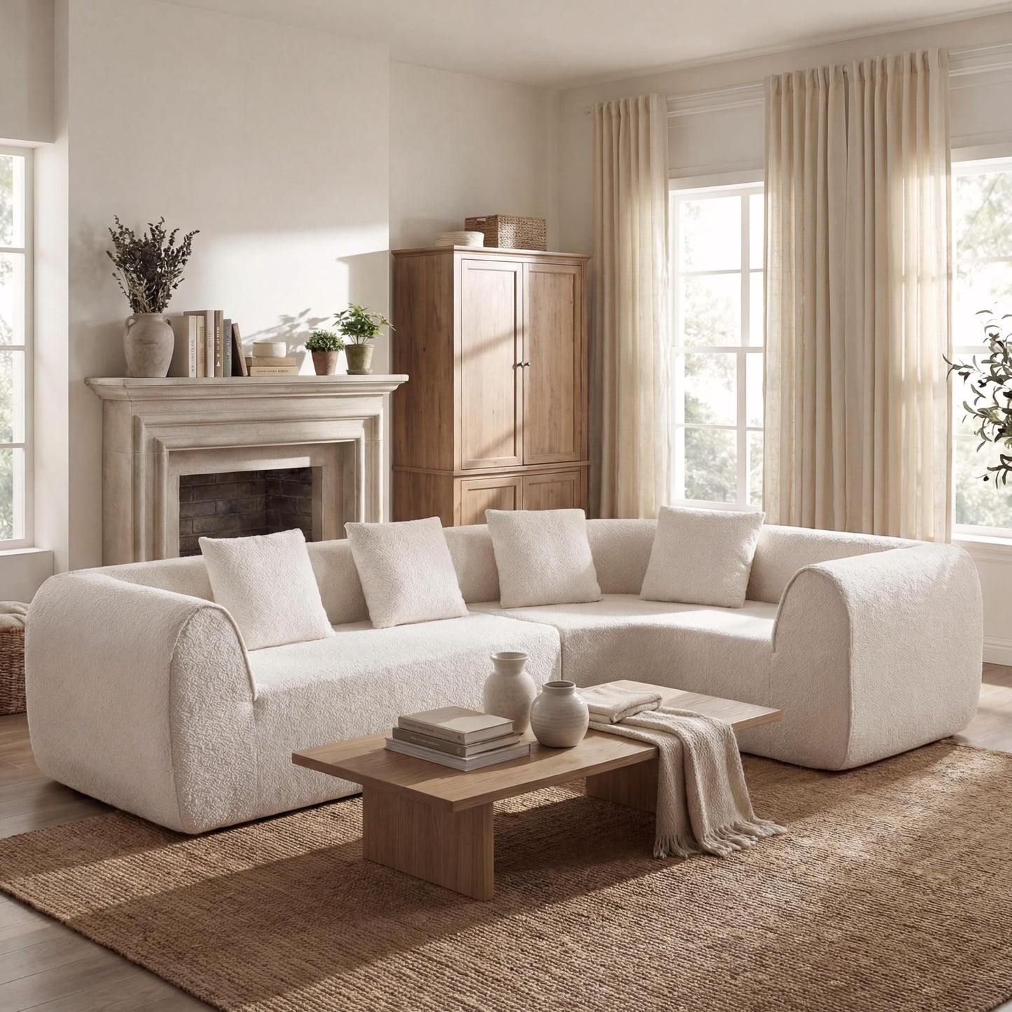 Christopher Knight Home Reiss 110" Curved Modular Sectional Sofa, Comfy Sofa Couch with Chaise Lounge, Modern Cloud Couch with Deep Seat, Fabric Upholstered Set for Living Room Bedroom, Almond