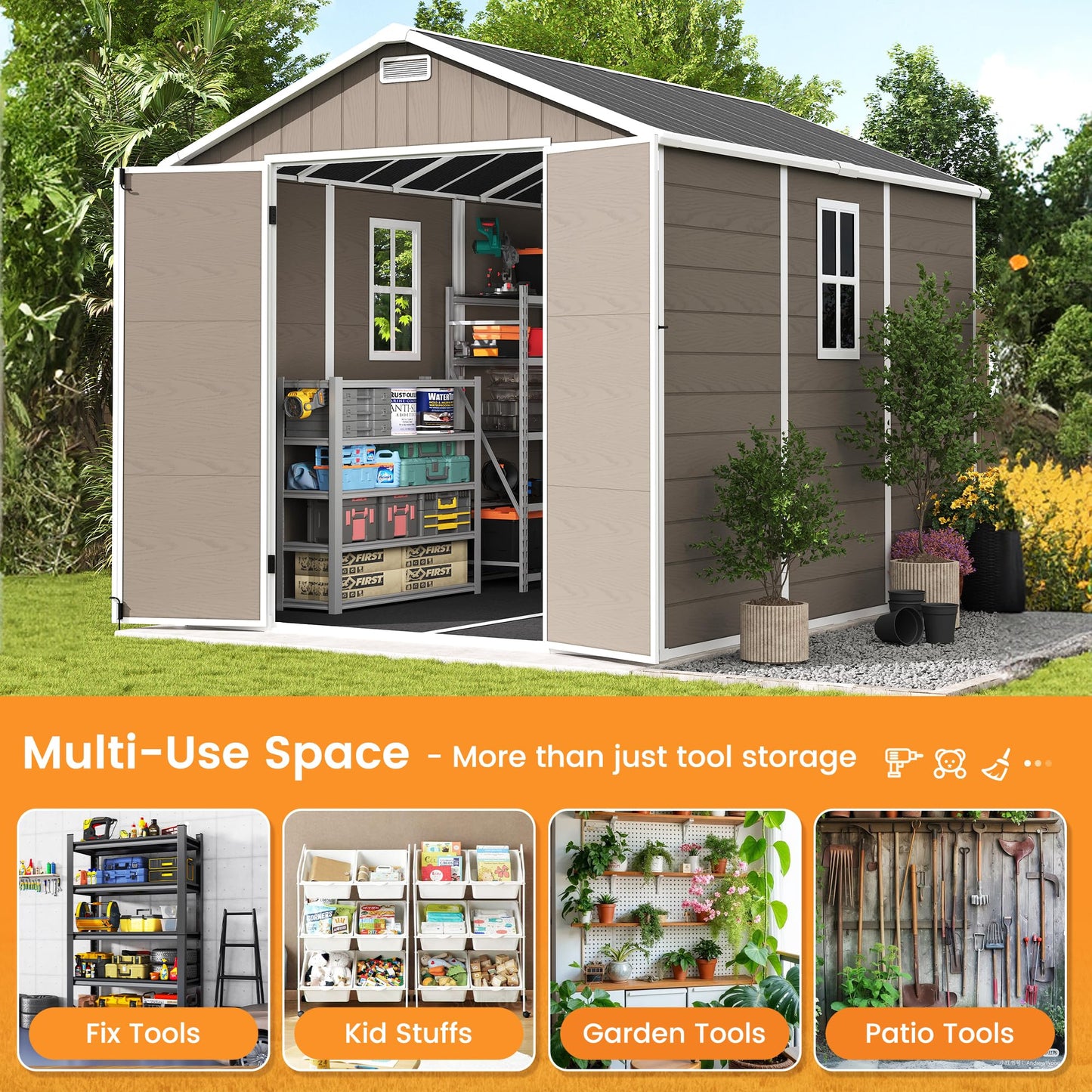 UDPATIO Outdoor Resin Storage Shed 8 x 10 FT, Plastic Storage Shed with Floor Large Outdoors Garden Tool Storage Shed Outside Clearance Shed with Lockable Door for Bike, Backyard, Patio, Brown