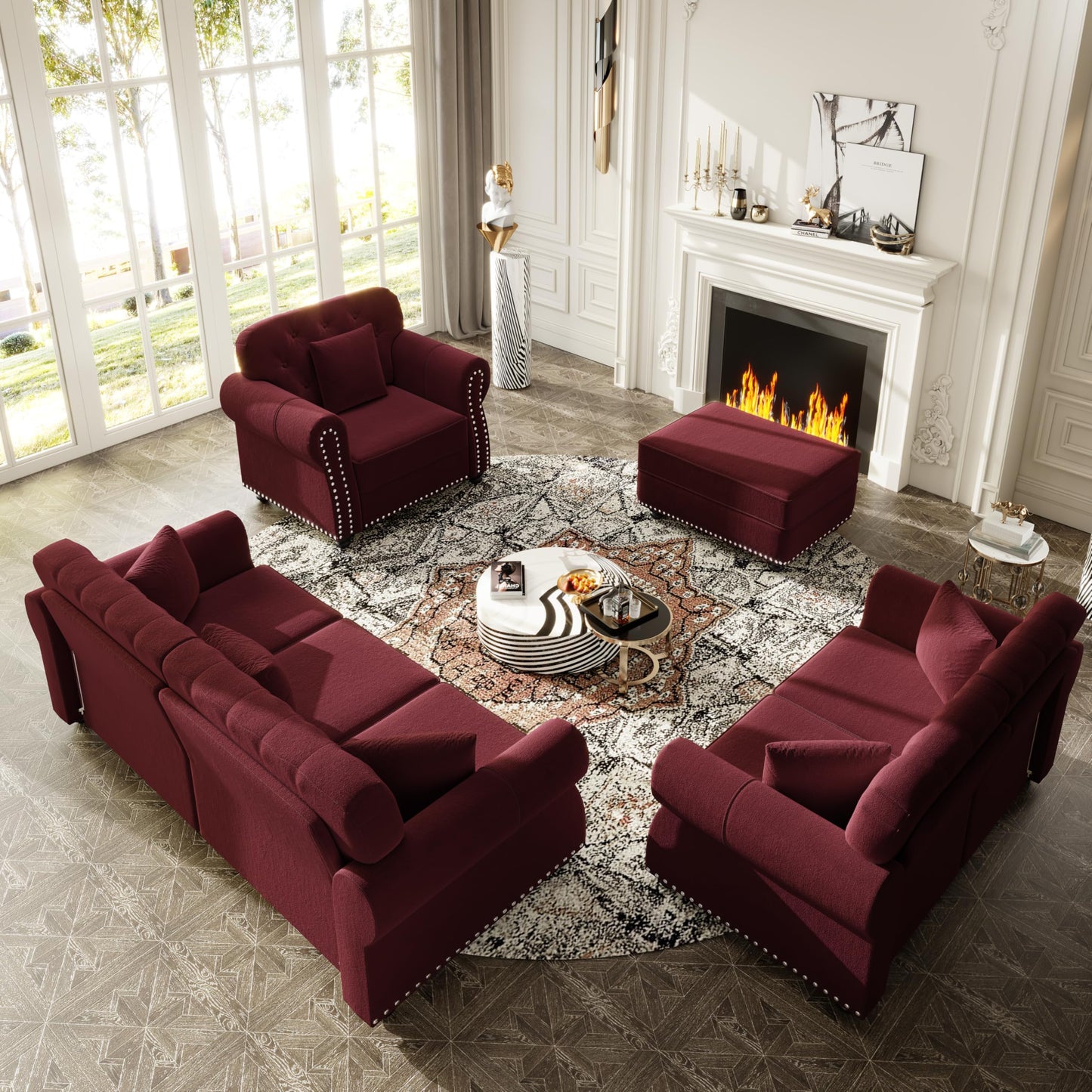 KEIKI 3-Piece Chesterfield Sofa Set with 1 Velvet 3-Seater Sofa & 1 Loveseat & 1 Single Sofa, 6-Seater Couch Set with Nailhead Trim & Rolled Arms & 1 Ottoman & 6 Pillow, for Living Room, Burgundy