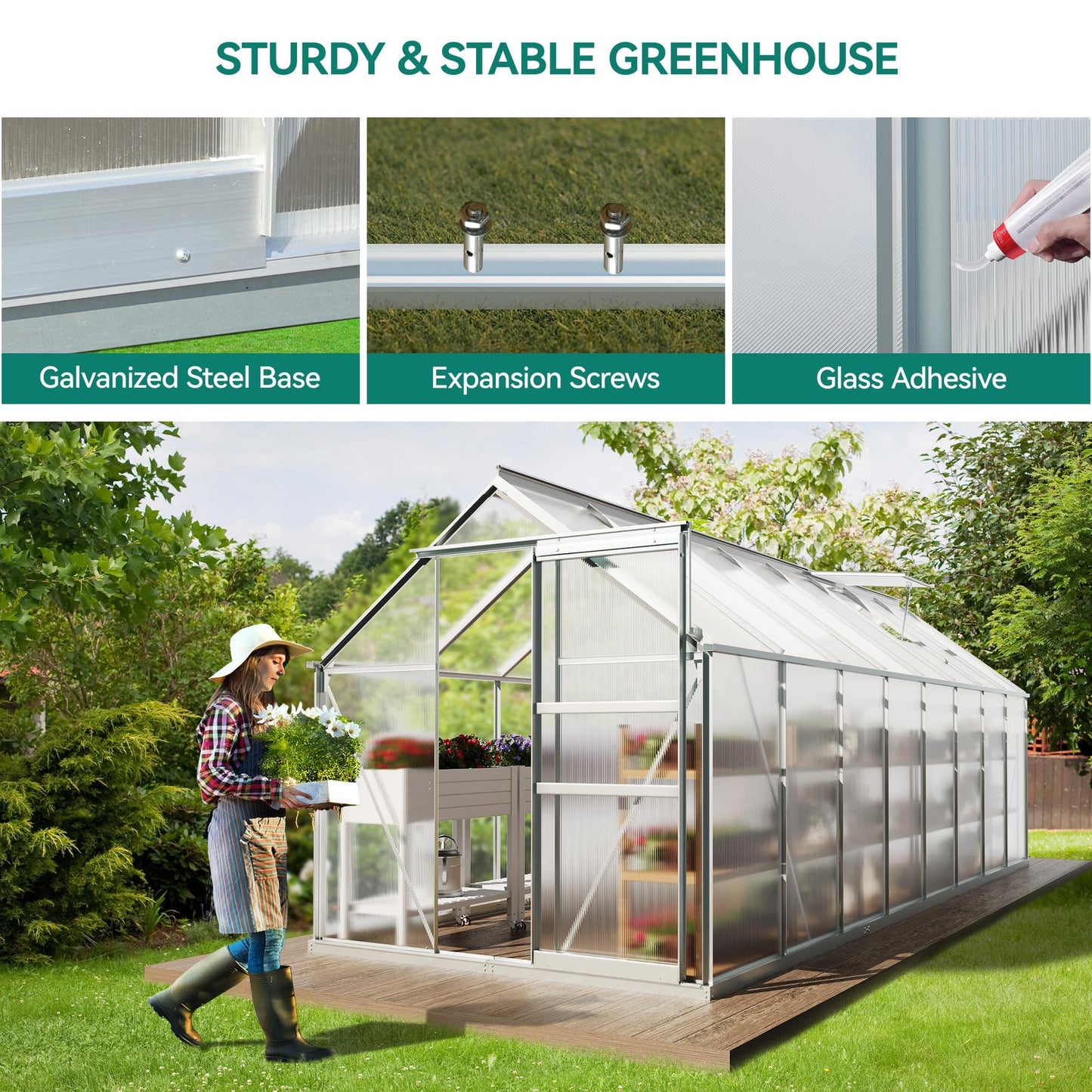 YITAHOME 16x6FT Polycarbonate Greenhouse for Outdoors, Large Heavy Duty Aluminum Greenhouses with Sliding Doors and Vent Window, Walk-in Greenhouse for Garden Backyard, Simple Setup, Silver