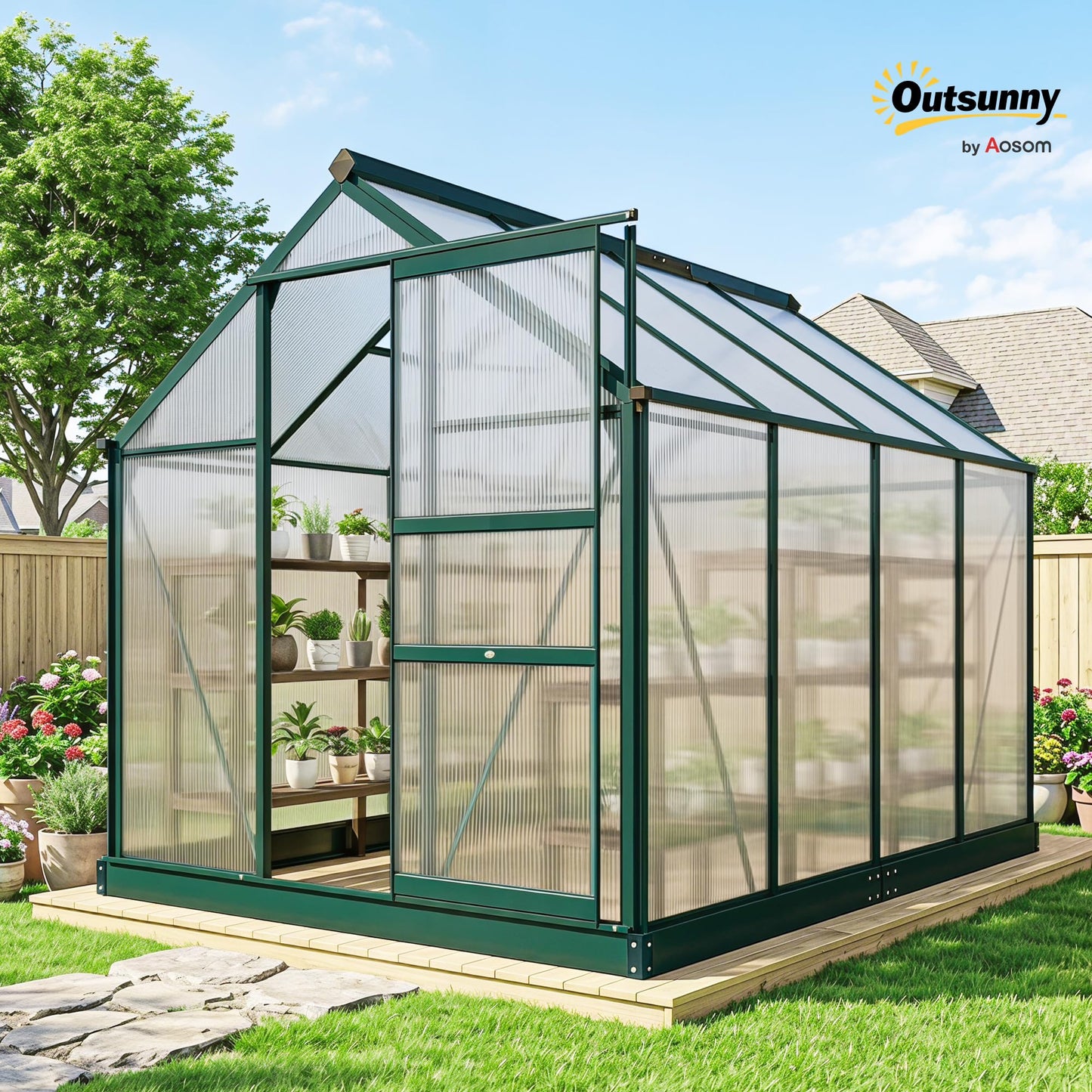 Outsunny 6' x 8' Greenhouse for Outdoors, Polycarbonate Greenhouse with Rain Gutter and Roof Vent, Aluminum Walk-in Green Houses with Push Door for Outside for Patio Backyard Garden, Dark Green