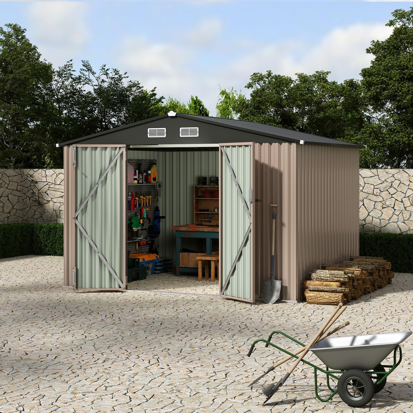 8X10 ft Outdoor Storage Shed, Galvanized Steel Metal Tool Shed with Secure Lockable Door & Air Ventilation System, Rust-Resistant Utility Shed for Garden, Backyard, Easy Assembly & All-Season Use
