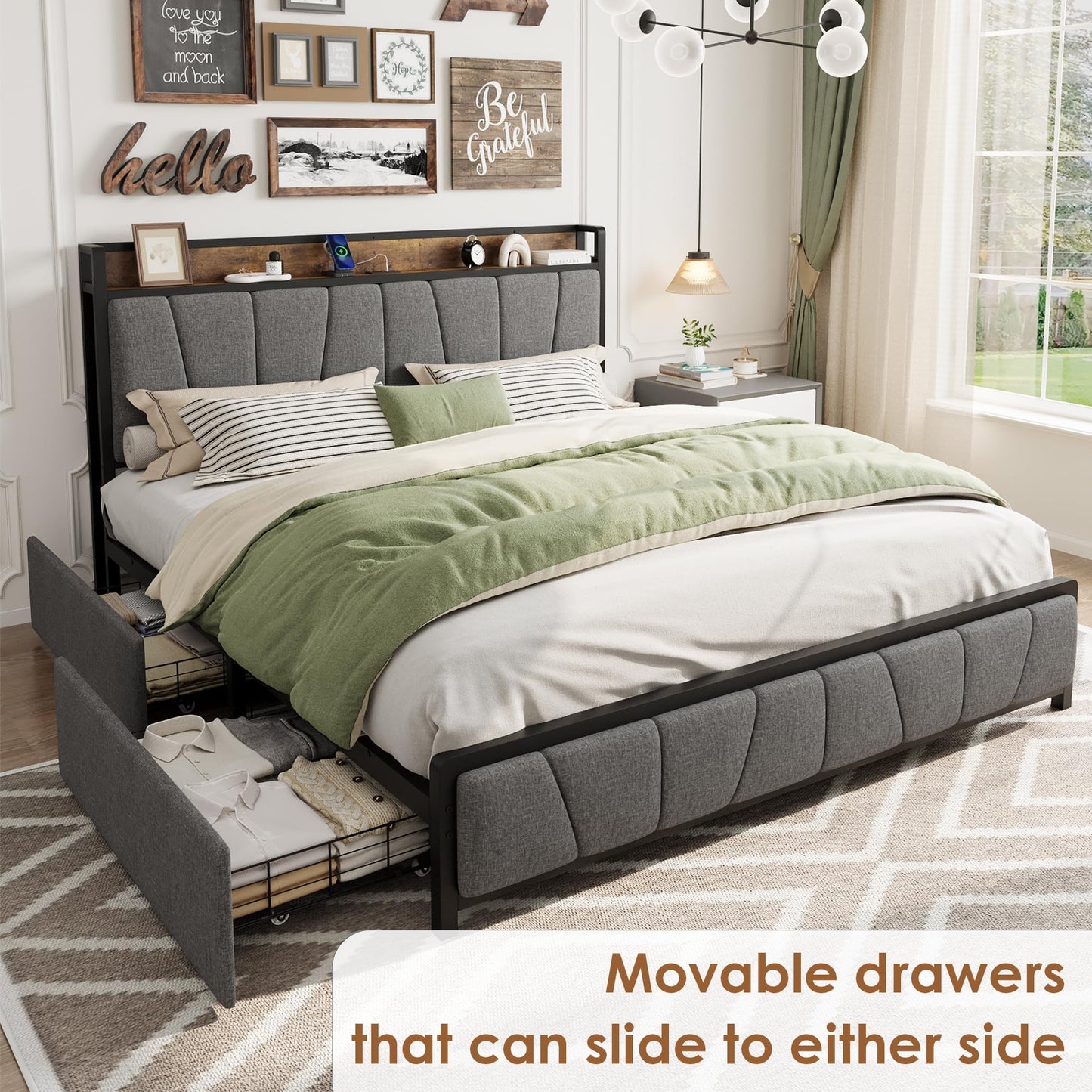GarveeHome King Size Bed Frame with 2 Storage Drawers and Charging Station, Rustic Linen Upholstered Platform Bedframe with Storage Headboard, No Box Spring Needed, Easy Assembly, Noise Free, Grey