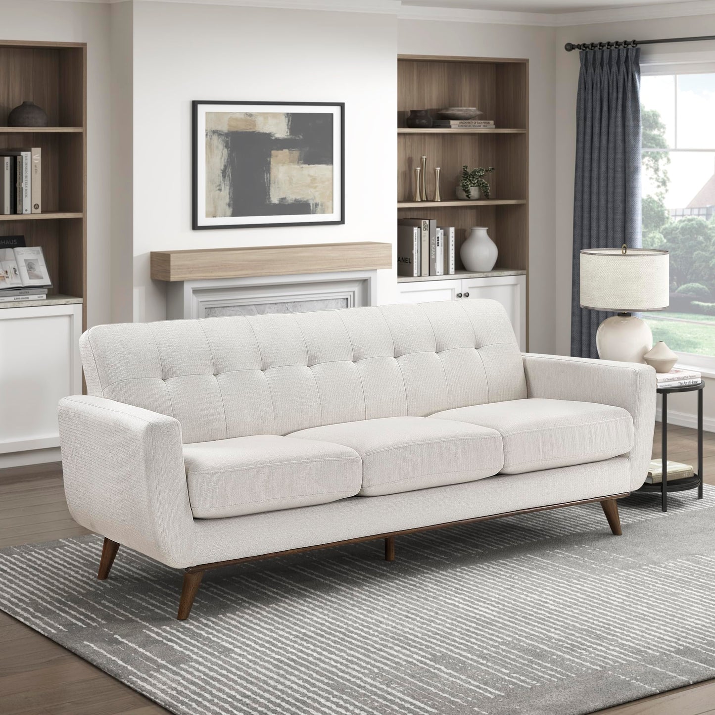 Lexicon Modern Accent Couch, Textured Fabric Upholstered Sofa with Brown Wood Legs, Track Arms, Tufted Couch Back, 3 Seater Sofa for Living Room/Office/Waiting Room, Beige