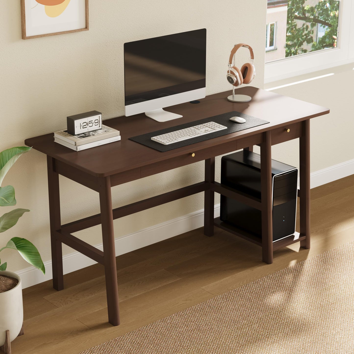 NELYE Solid Wood Desk with Drawer - 58 Inch Modern Writing and Computing Workstation for Home Office in Walnut