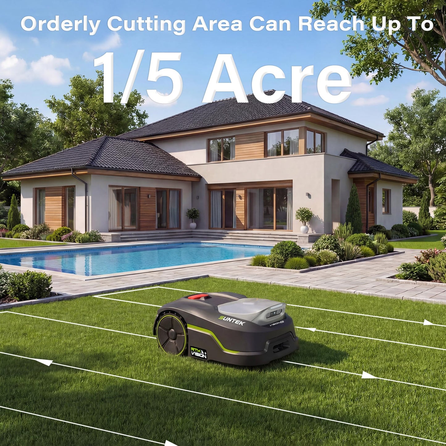 SUNTEK RTK Robot Lawn Mower, Perimeter Wire Free RTK+Vision Robotic Lawnmower for 1/4 Acres Lawn, Auto Mapping, APP Control, Multi-Zone Management, 35% Slope, Cutting Height 1.2''~2.4''