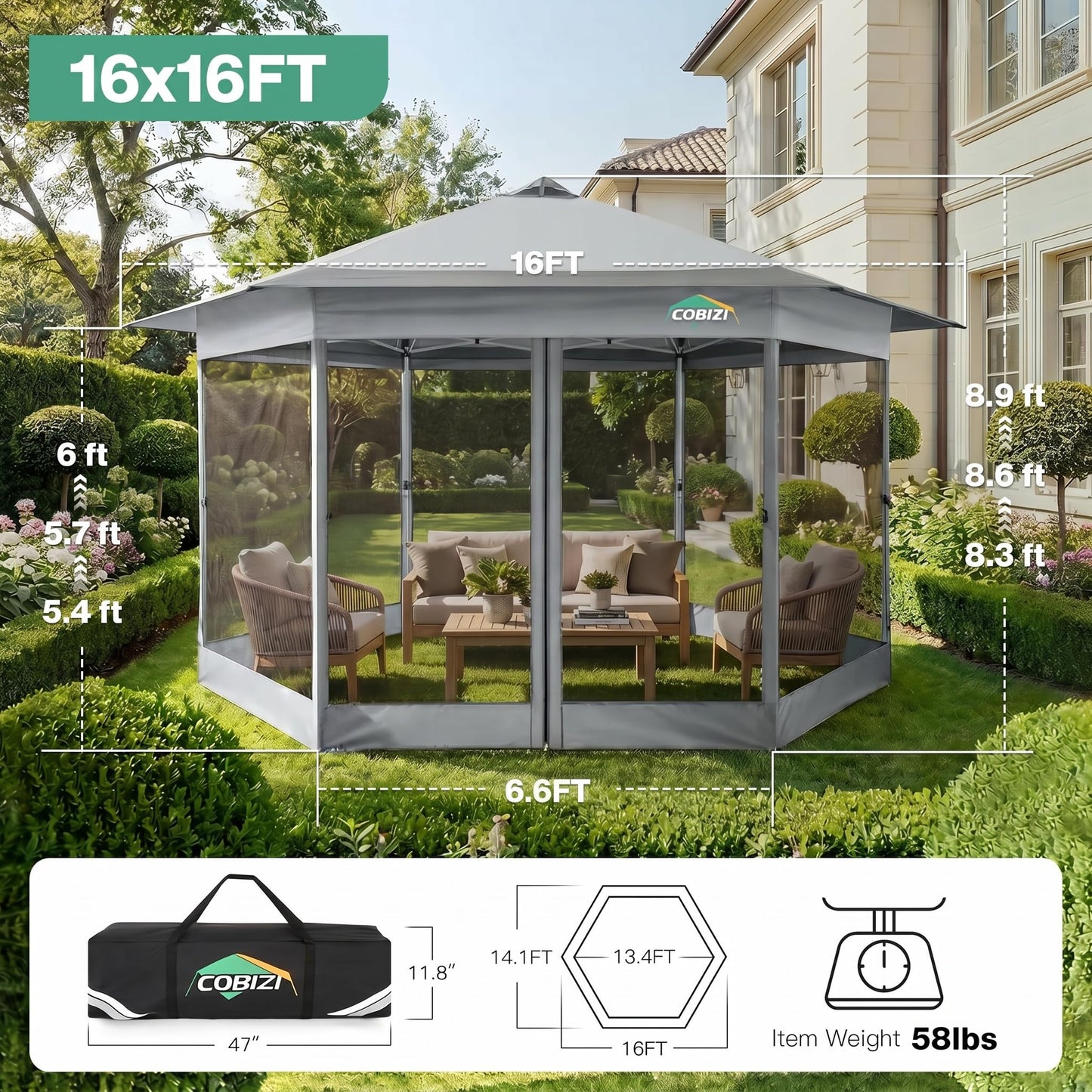 COBIZI 16x16 Pop up Gazebo on Clearance, Hexagonal Outdoor Canopy Tent with Mosquito Netting，Adjustable Height and 256 Square ft of Shade for Party, Backyard, Gardens with Vented Top（Gray）