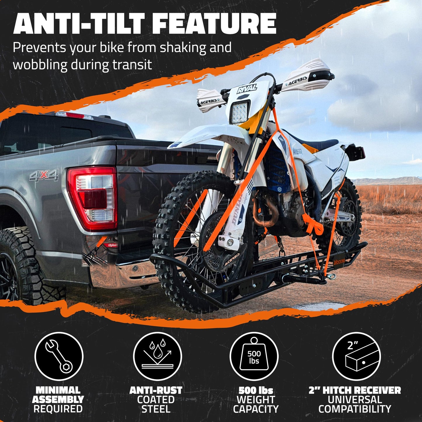 Mockins 83" Tilting Dirt Bike Carrier Hitch Mount Rack | 500 Lbs. Capacity eBike Rack with Ramp for Up to 5.5"W Tires | Small Motorcycle Hitch Carrier Set w/ License Plate Holder, Stabilizer, & Straps