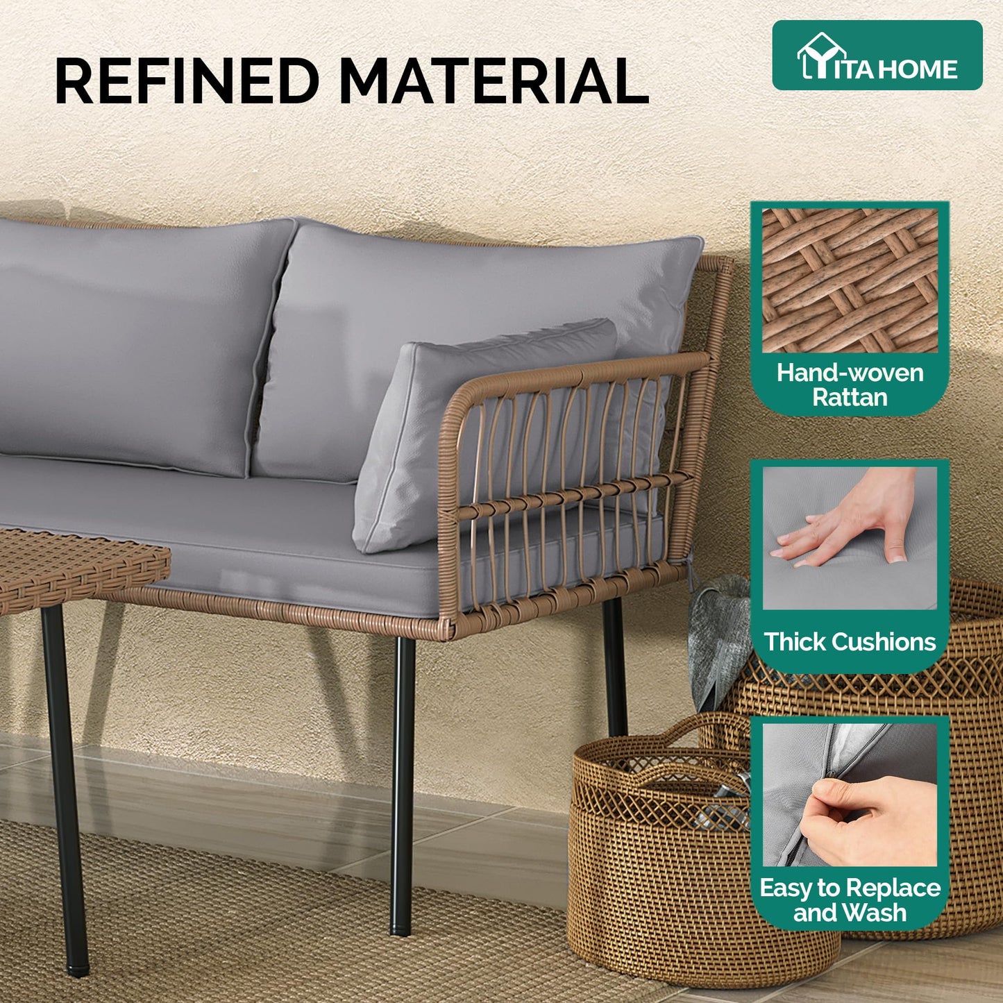 YITAHOME 4-Piece Wicker Patio Furniture Set, All Weather PE Rattan Conversation Set Sectional Sofa with Soft Cushions & Side Table, Porch Furniture for Deck, Balcony, Backyard - Gray