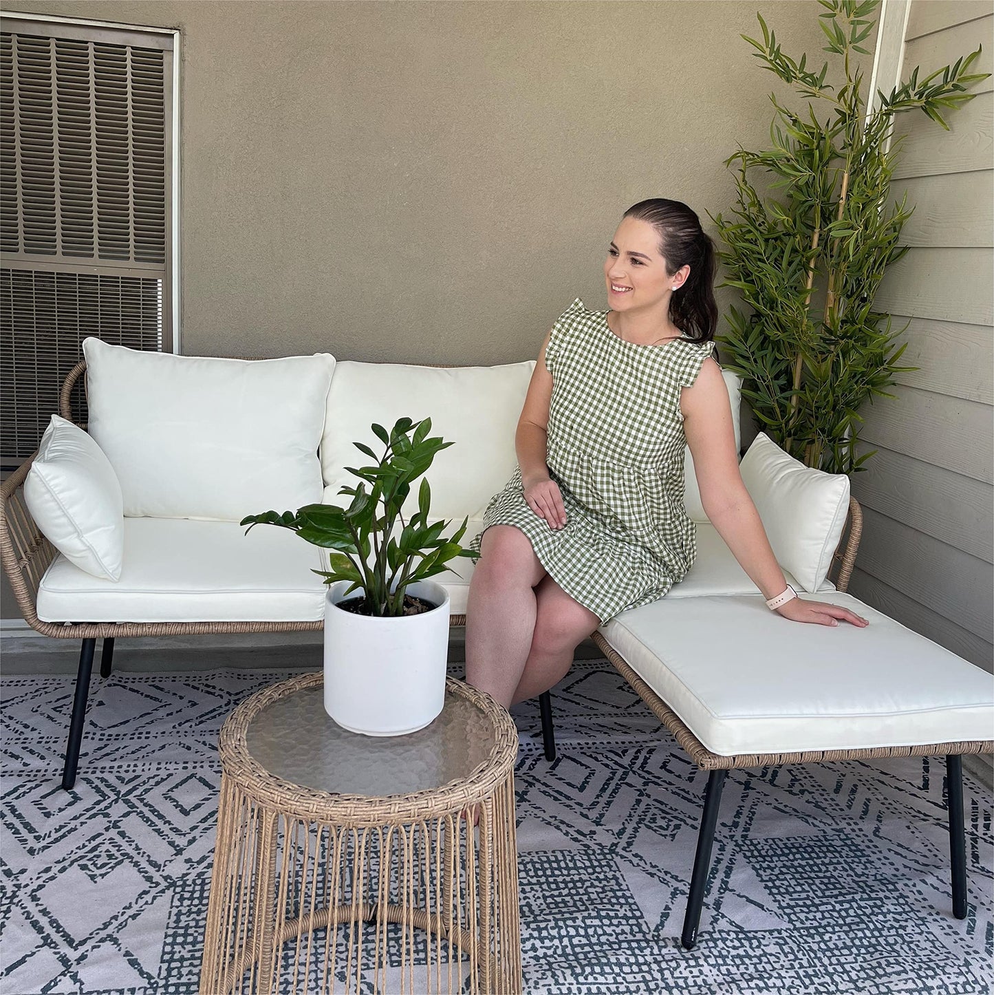 YITAHOME Rope Woven Sectional L-Shaped Sofa, 3 Pieces Patio Furniture Set for Patio Backyard Poolside, Wicker Conversation Set with Cushions, Detachable Lounger, Side Table - Beige