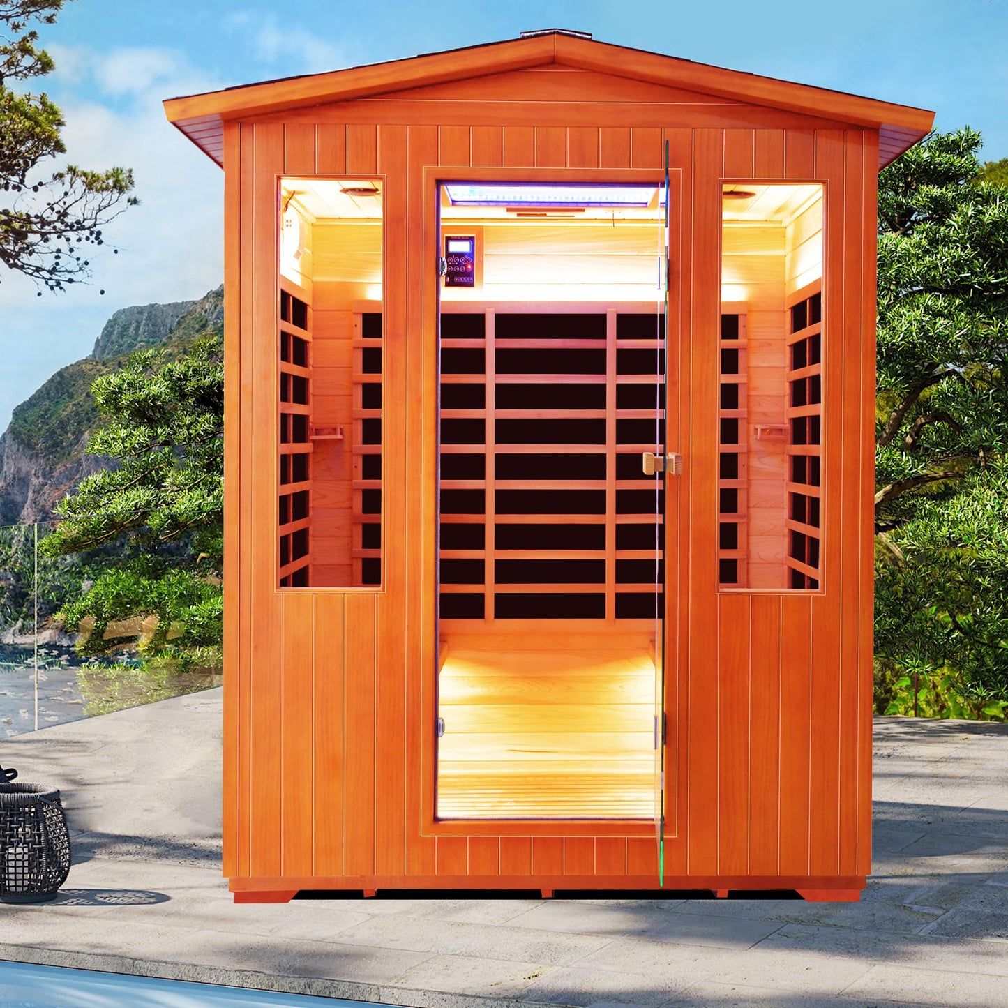 Netwboz Outdoor Sauna for 4 People, 2600W Cedar & Fir Wood Backyard Cabin with 11 Heaters, Large Family Spa Room with Abyss Lamp