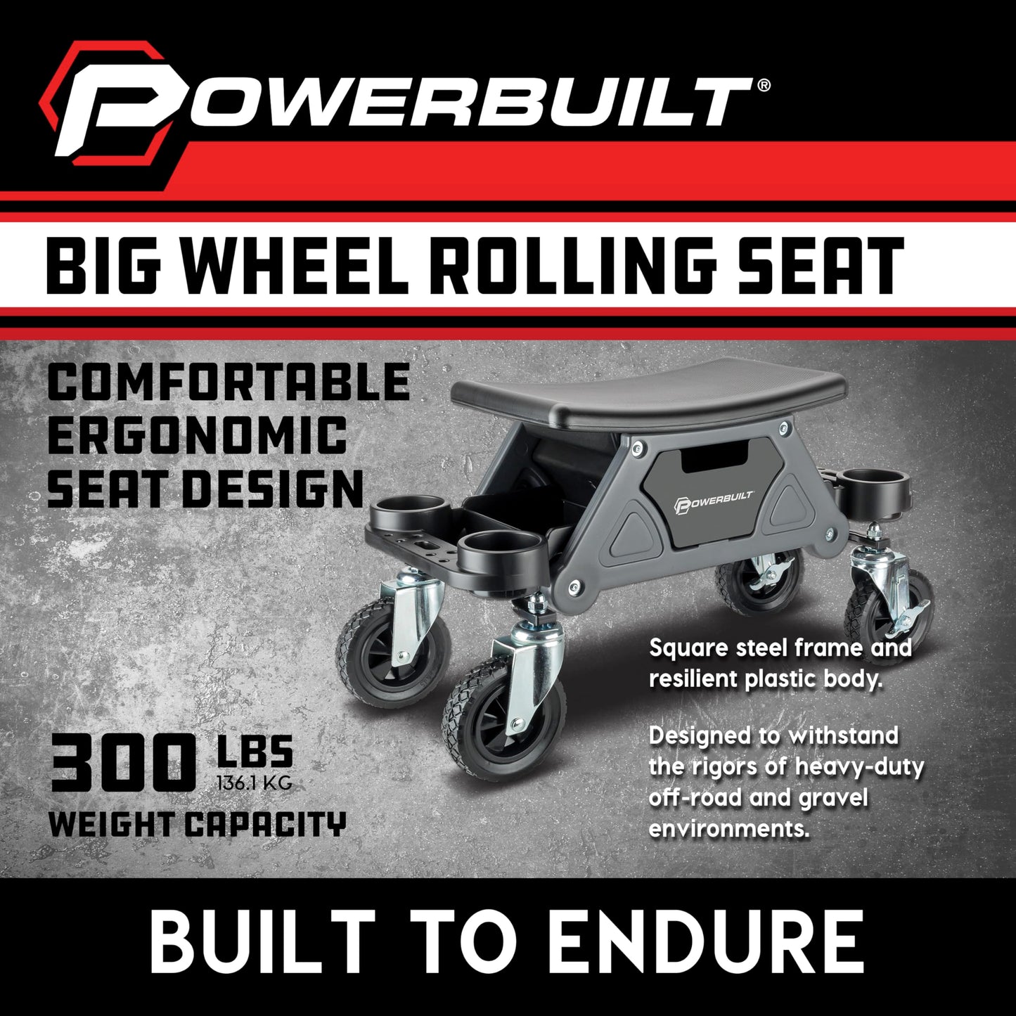 Powerbuilt Big Wheel Rolling Seat, Off-Road Series, Locked in Tool Trays, Heavy-Duty Wheels for Gravel and Rocks - Grey 642965ECE