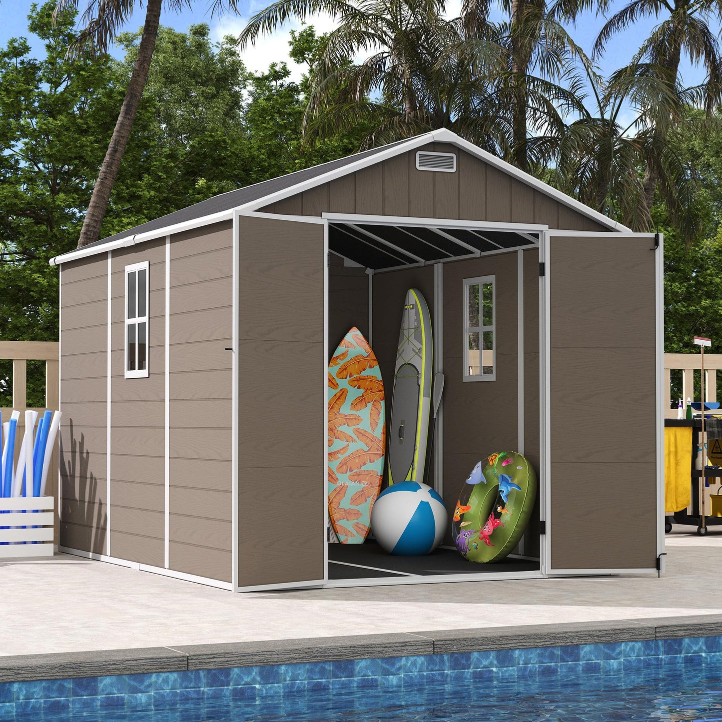 UDPATIO Outdoor Resin Storage Shed 8 x 10 FT, Plastic Storage Shed with Floor Large Outdoors Garden Tool Storage Shed Outside Clearance Shed with Lockable Door for Bike, Backyard, Patio, Brown