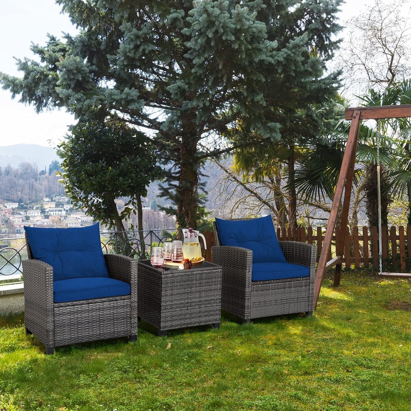 LDAILY Patio Furniture Set, 3 Pieces PE Rattan Wicker Patio Sofa Chairs with Washable Cushion & Glass Table, Outdoor Furniture Conversation Sets for Porch, Balcony, Garden, Poolside (Navy)