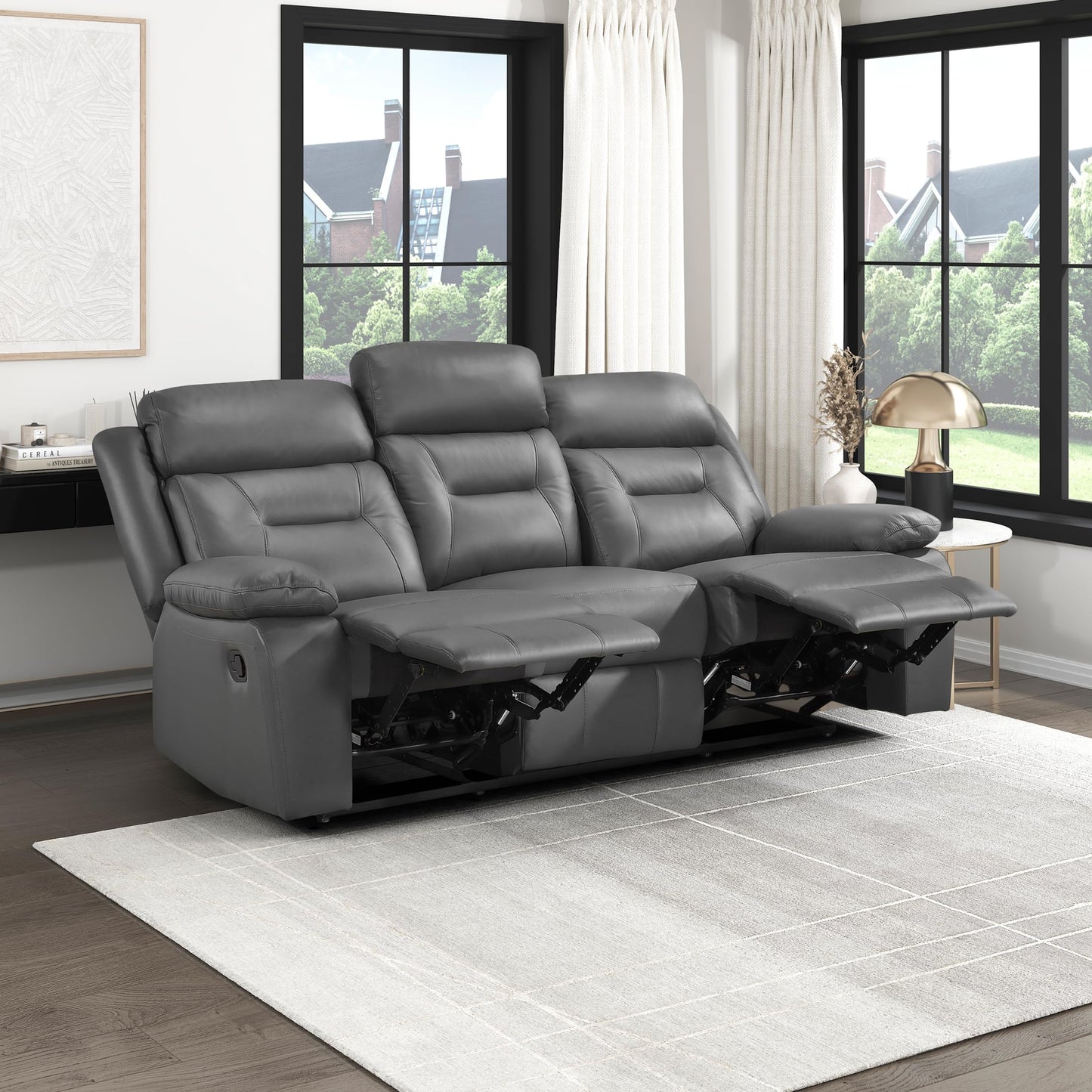 Lexicon Reclining Sofa for Living Room, Double Recliner RV Couch, Manual Wall Hugger Recliner, Home Theater Seating Leather Match Reclining Sofa with Pillow Top Armrests, 87''W Couch, Dark Grey