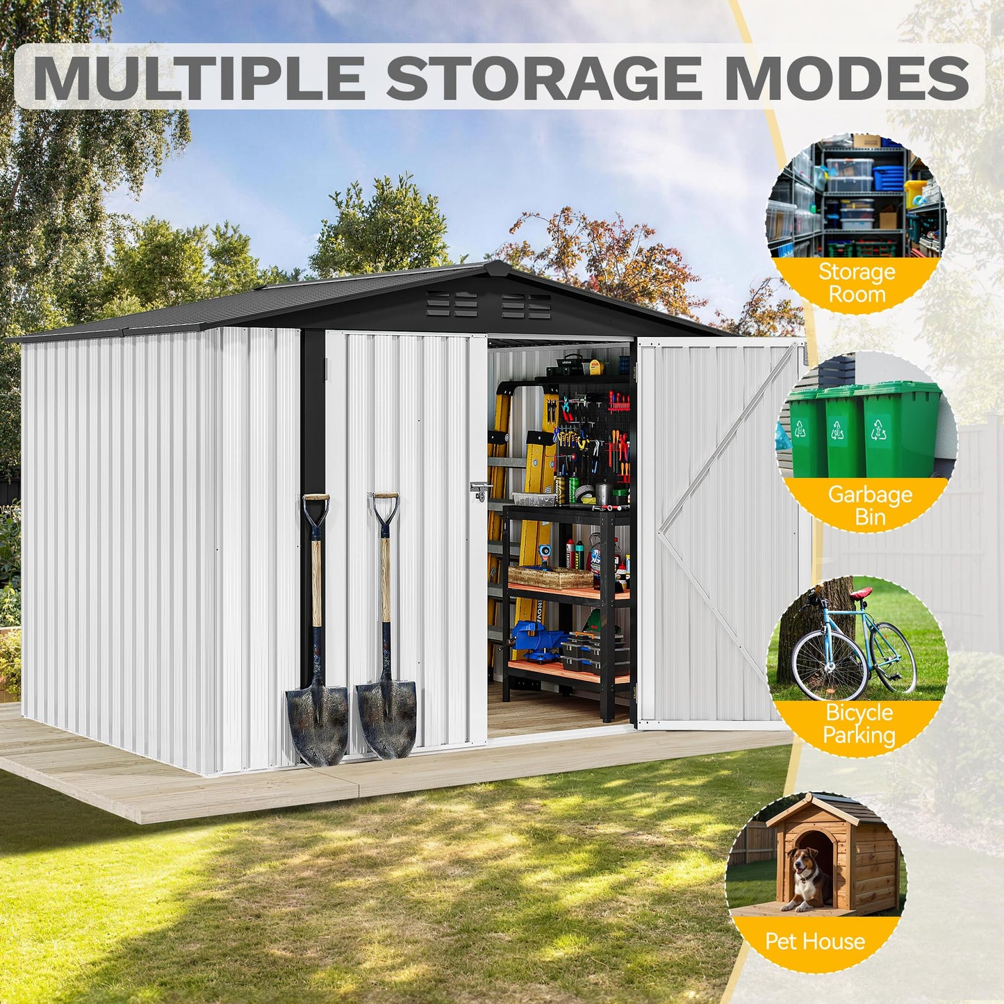 DWVO 7x5ft Metal Outdoor Storage Shed, Waterproof Tool Shed Heavy-Duty Storage Unit with Lockable Door and Vents, Ideal for Bicycles, Tools, Lawnmowers, Backyards, Patios, Lawns - White