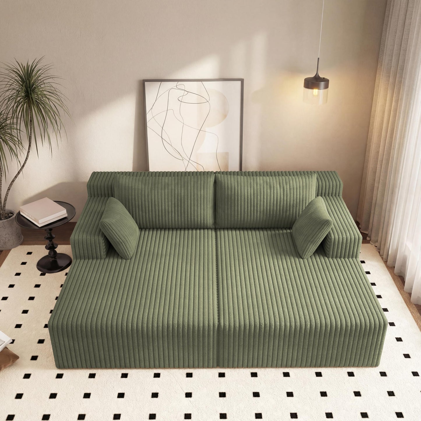 71-Inch Fluffy Corduroy Boneless Sleeper Daybed Loveseat Double Recliner Chaise Lounge Sofa Couches, Floor Cloud Sofa Chaise W/4 Pillows for Home Apartment Living Room