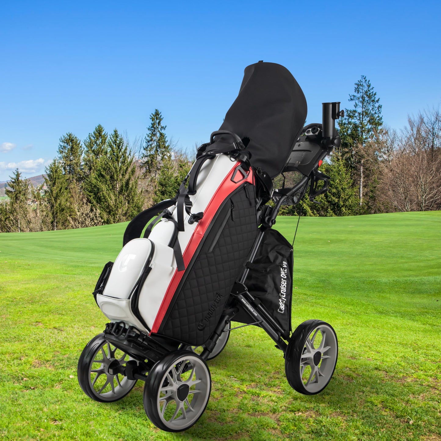 Caddytek CaddyCruiser ONE V8 4 Wheel Golf Push Cart - Lightweight Aluminum Foldable Cart with EVA Wheels, Foot Brake, Adjustable Handle, Cooler Basket, Umbrella Holder, Drink Holder, Scorecard Console