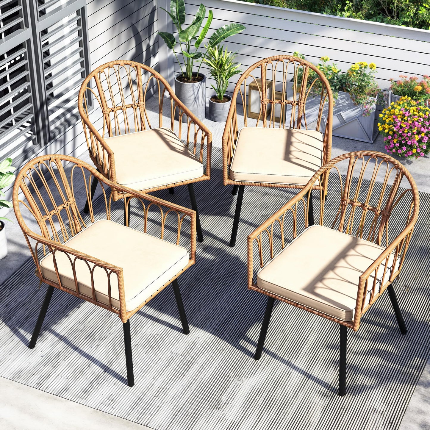 YITAHOME 4 Pieces Rattan Wicker Dinning Chairs, Outdoor Indoor Patio Furniture Set with Cushion and Curved Back All Weather Bistro Chair for Garden Backyard Porch Poolside Restaurant