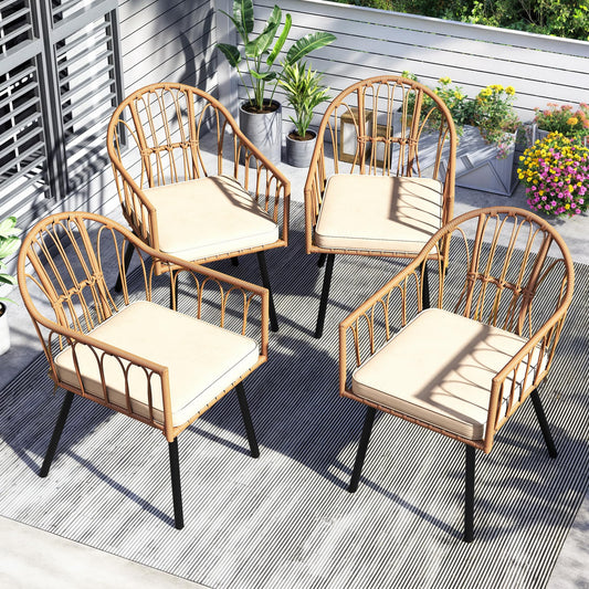 YITAHOME 4 Pieces Rattan Wicker Dinning Chairs, Outdoor Indoor Patio Furniture Set with Cushion and Curved Back All Weather Bistro Chair for Garden Backyard Porch Poolside Restaurant