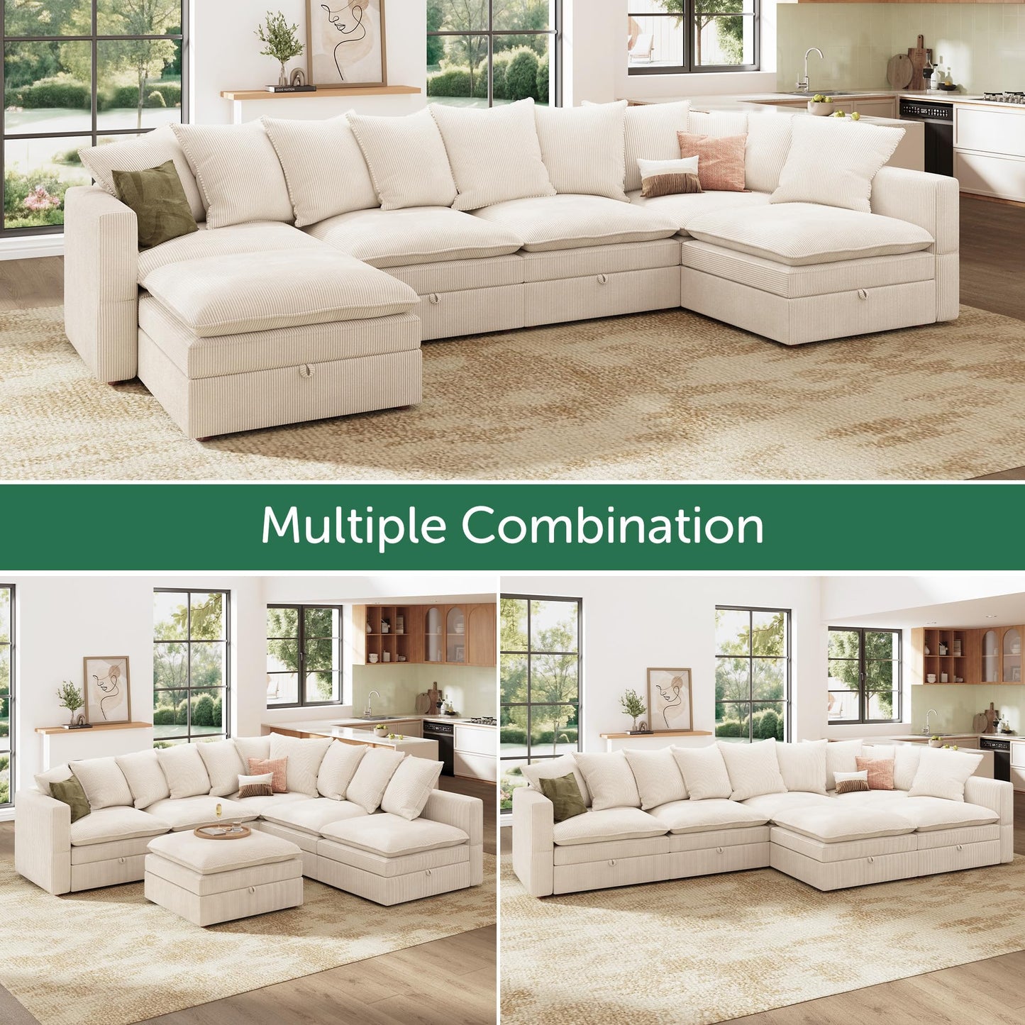 HONBAY Modular Sectional Sleeper Sofa, Corduroy 6 Seater Couch with Storage, Sectional Sleeper Couches for Living Room, Beige