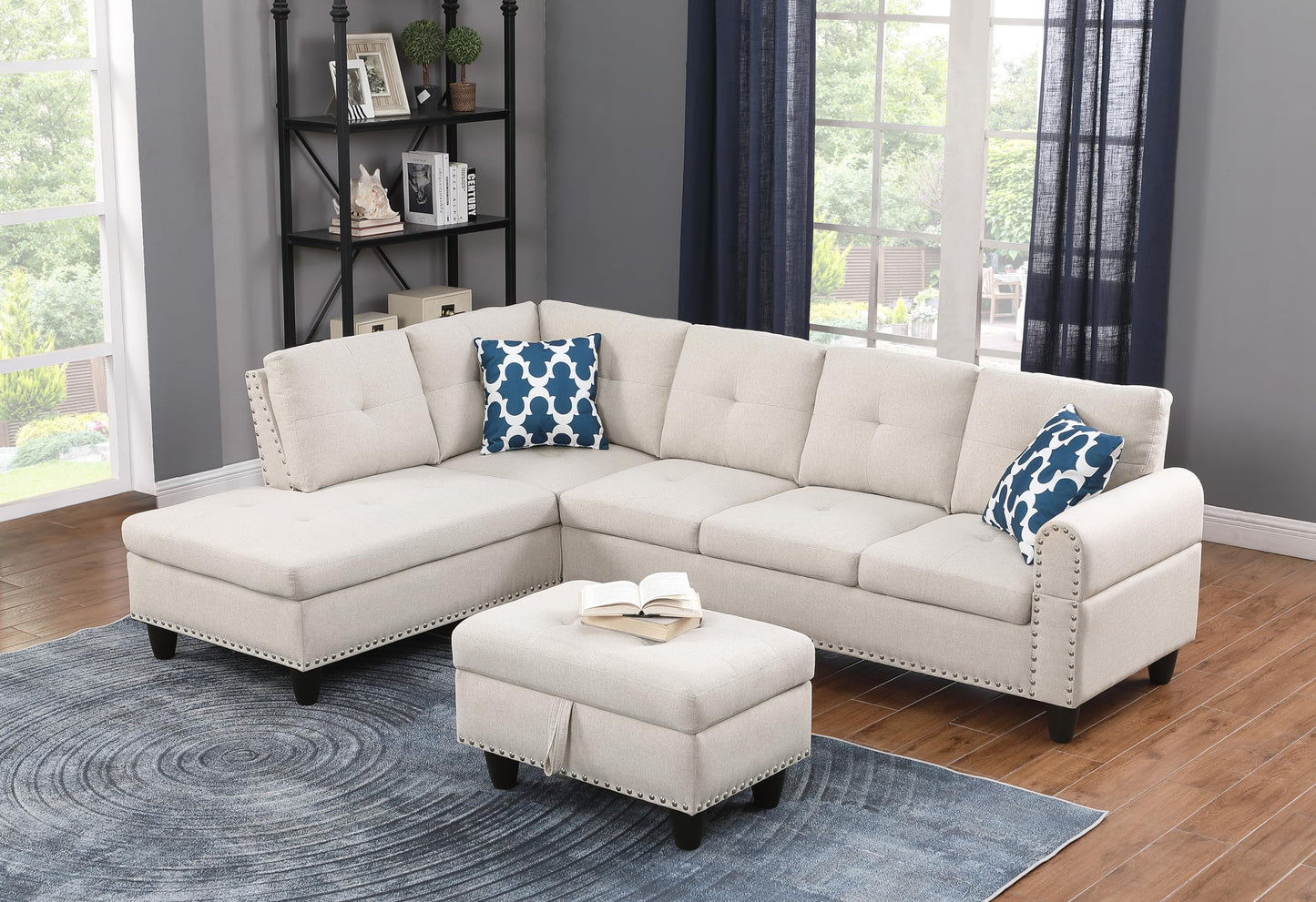 Ball & Cast 98" L Shaped Sectional Couch for Living Room with Storage Ottoman & Nailhead Trim,4 Seat Linen Upholstered Modular Sectional Sofa Set 3 PCS W/Chaise & Cup Holders,for Home,Office,Beige