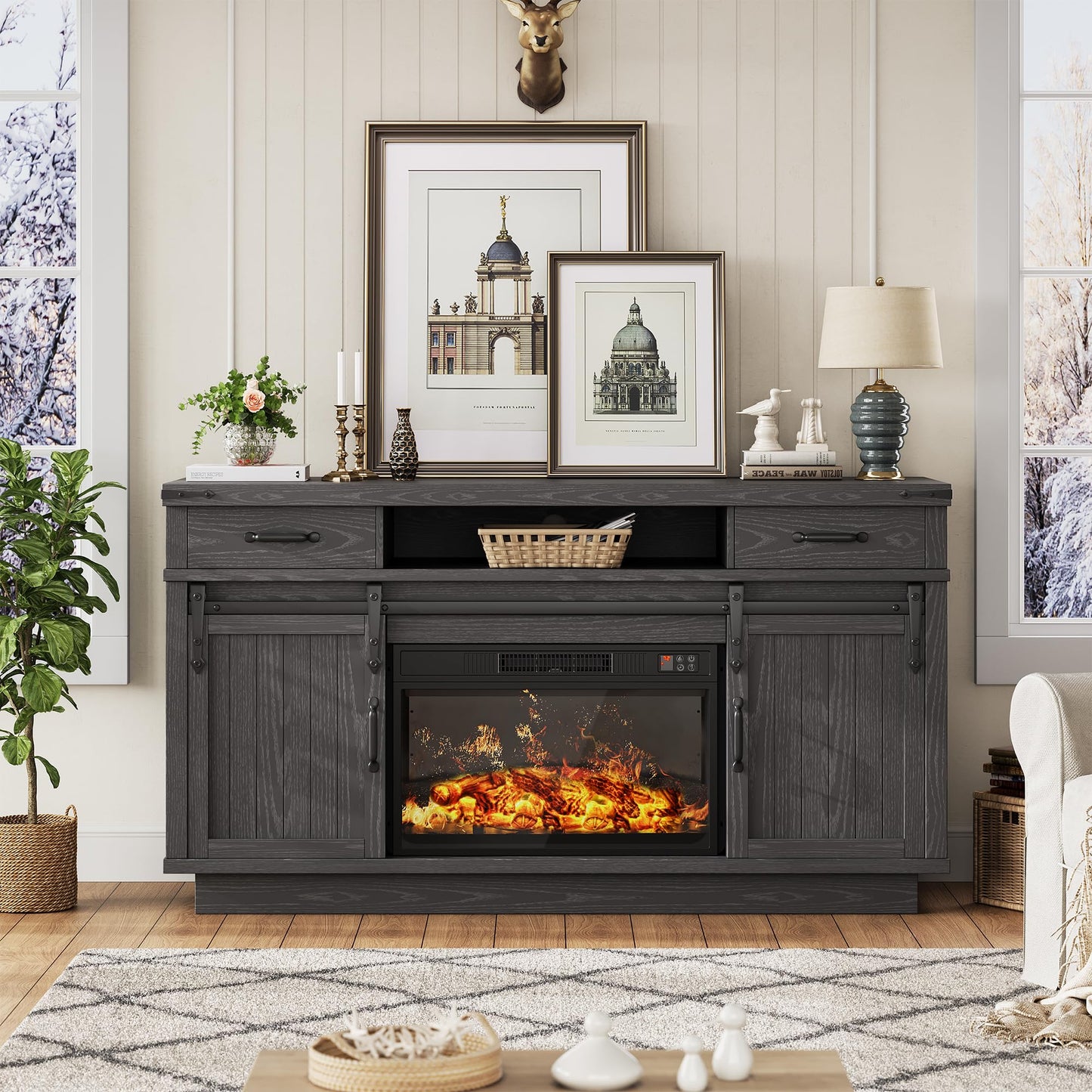 Jocoevol Fireplace TV Stand for TVs up to 65", Electric Fireplace with 3D Flame, Farmhouse LED Light Entertainment Center TV Console with with 2 Drawers, Sliding Barn Door for Living Room - Black