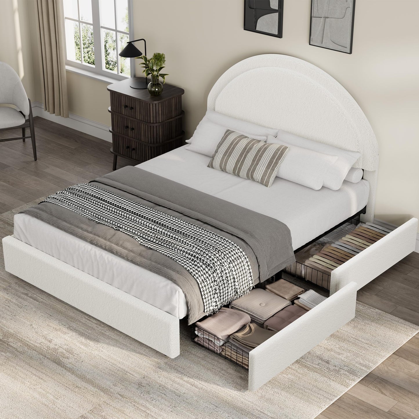 Garvee Full Size Bed Frame with Storage Drawers, Upholstered Boucle Platform Bed with Round Headboard, Heavy Duty & Noise Free, No Box Spring Needed, White