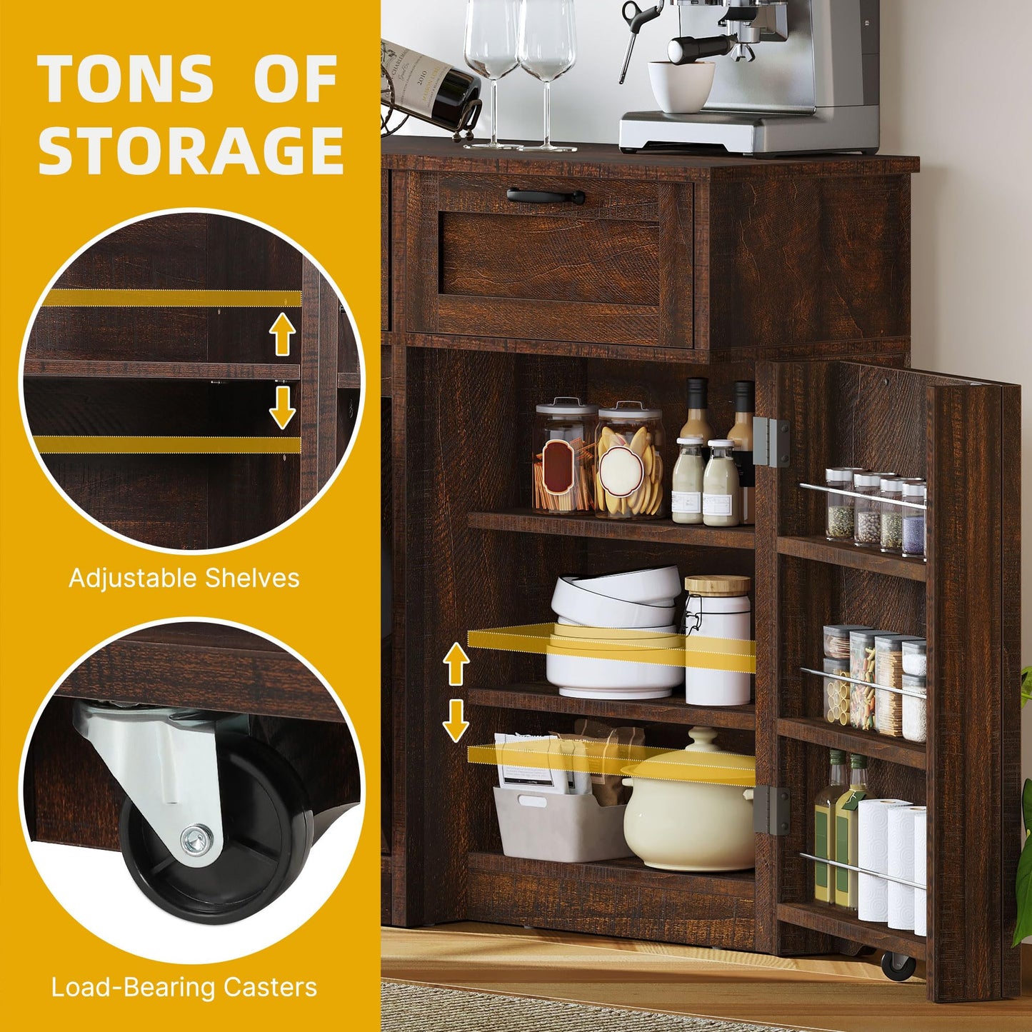 DWVO 58.3" Rustic Kitchen Island Storage Cabinet, Tilt Out Trash Can Cabinet, Farmhouse Kitchen Island with 3 Drawers, 2 Tilt-Out Doors for 10 Gallon Bins, Adjustable Shelf