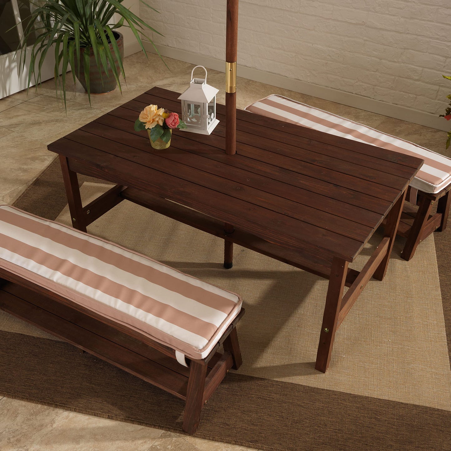 KidKraft Outdoor Wooden Table & Bench Set with Cushions and Umbrella, Kids Backyard Furniture, Espresso with Oatmeal and White Stripe Fabric