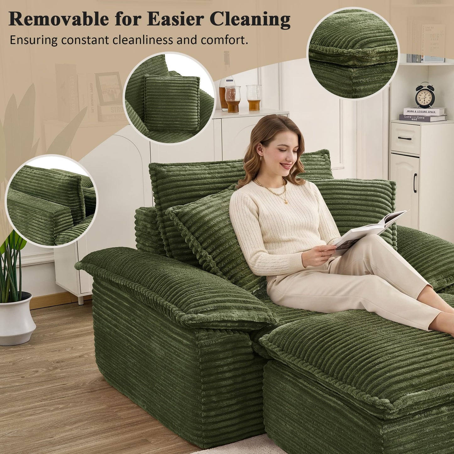 KEIKI 63" Oversized Lounge Sofa Chair with Ottoman, Deep Seat Cloud Couch Bed, Modular 1-Seater Sectional Sleeper Sofa, No Assembly Corduroy Couch for Reading Nook & Cozy Corner