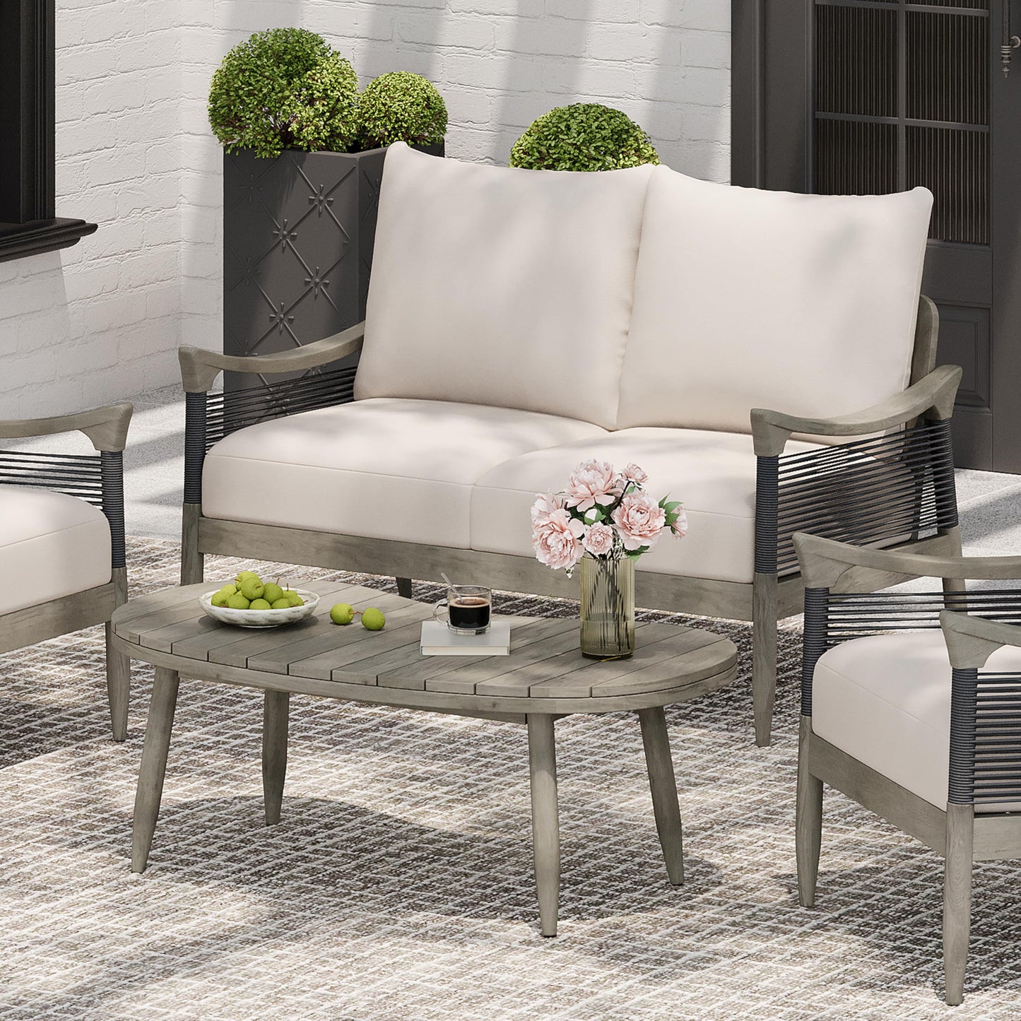 Christopher Knight Home Havets 2 Piece Patio Conversation Sets, Outdoor Acacia Wood Patio Seating Group,Woven Rope Loveseat with Cushions and Coffee Table for Porch Garden Backyard Balcony, Gray+Beige