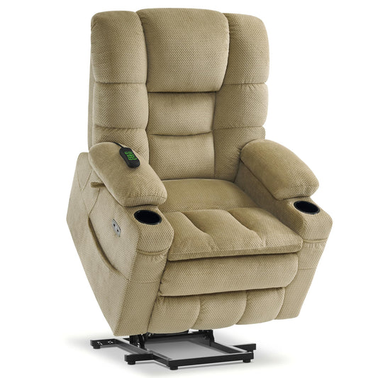 MCombo Triple Motor Lay Flat Power Lift Recliner Chair for Tall Elderly, Infinite Position, Massage, Dual Heating, Adjustable Headrest, Fabric 7634 (Beige, Large)
