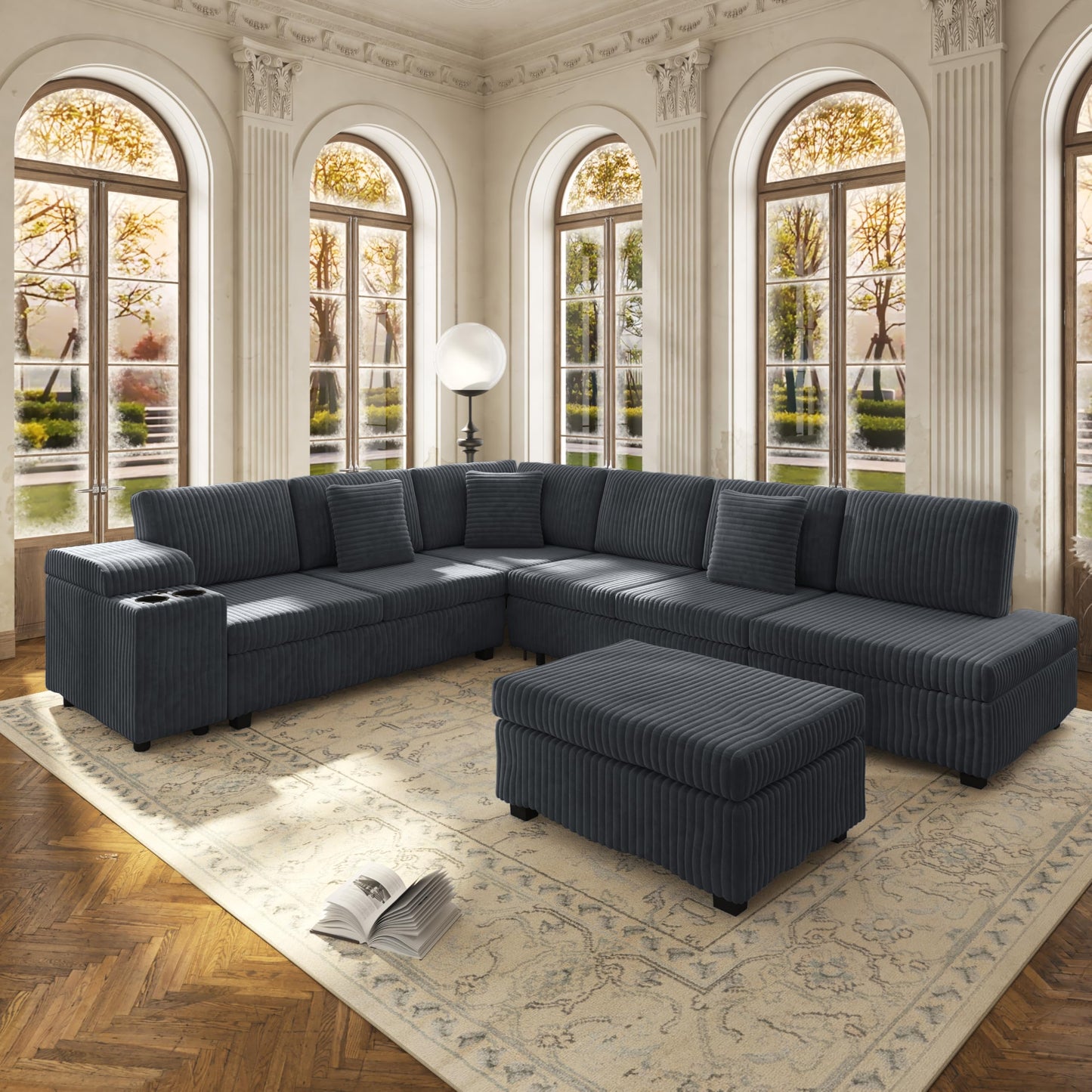 KEIKI 110" L-Shaped Oversized Plush Corduroy Modular Sectional Sofa with Pull-Out Bed, Convertible 6-Seater Sleeper Couch Bed with 1 Ottomans & USB & Cup Holders, Easy Assembly, for Living Room, Gray